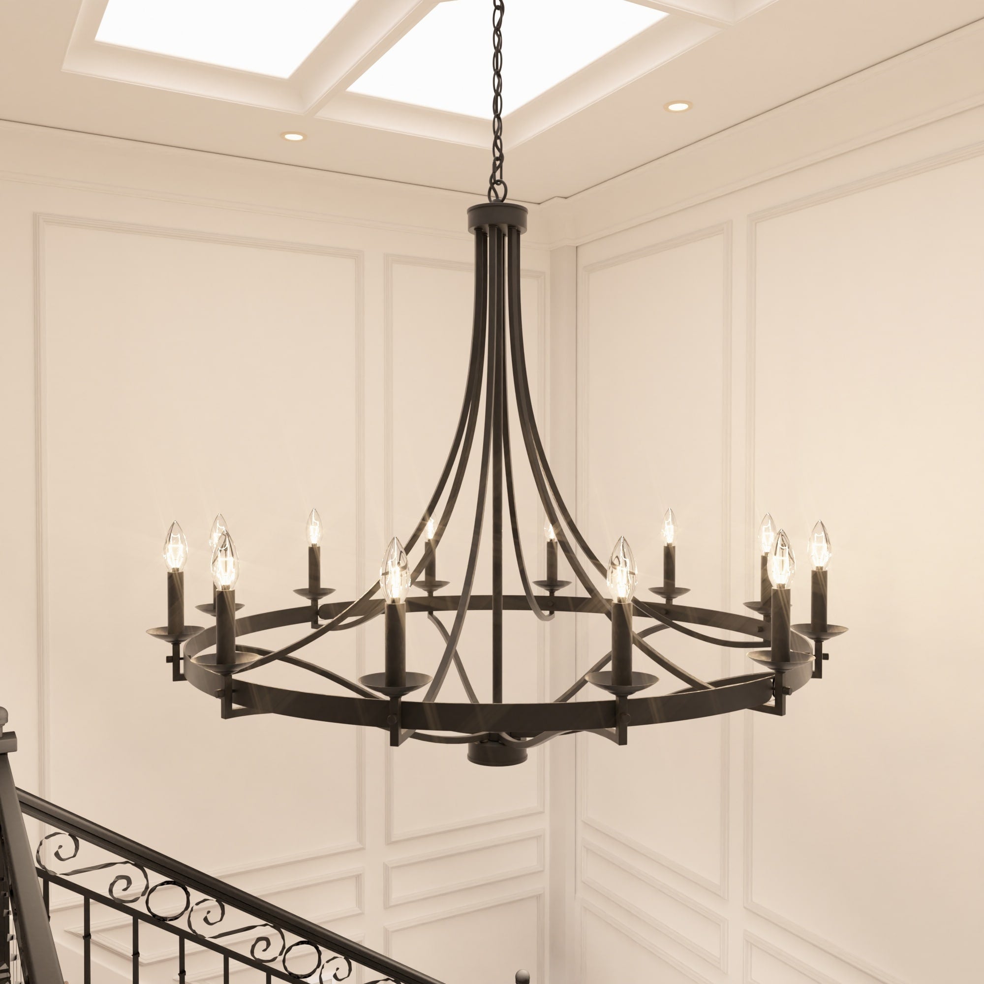 Lustre Empire à 12 lumières de style ferme moderne Fidenza avec roue de chariot et UL - D40'' * H135''