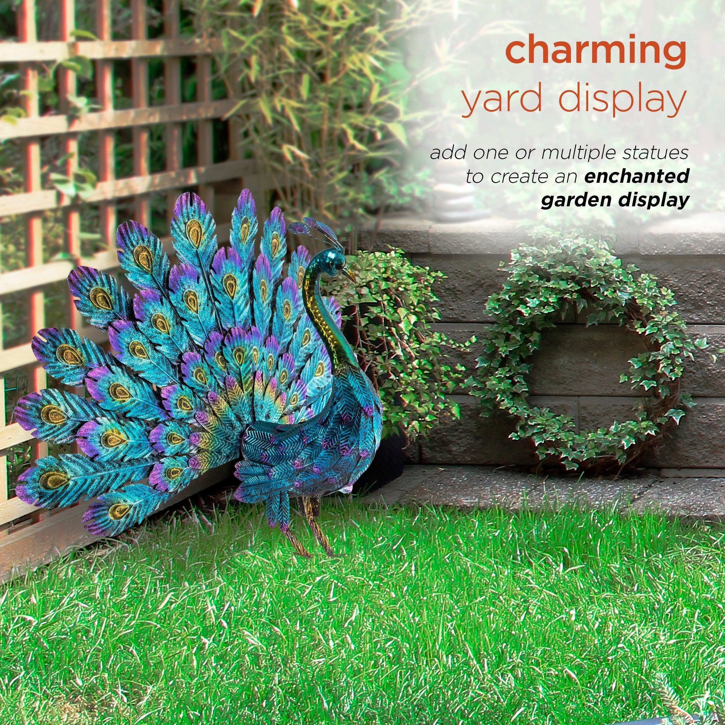 Alpine Corporation Tall Outdoor Metallic Peacock Standing Yard Statue Decoration, Multicolor