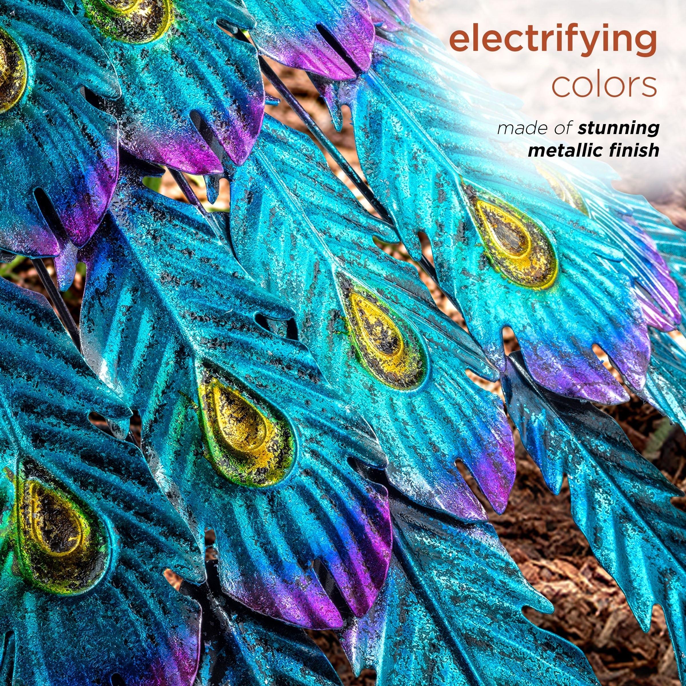 Alpine Corporation Tall Outdoor Metallic Peacock Standing Yard Statue Decoration, Multicolor