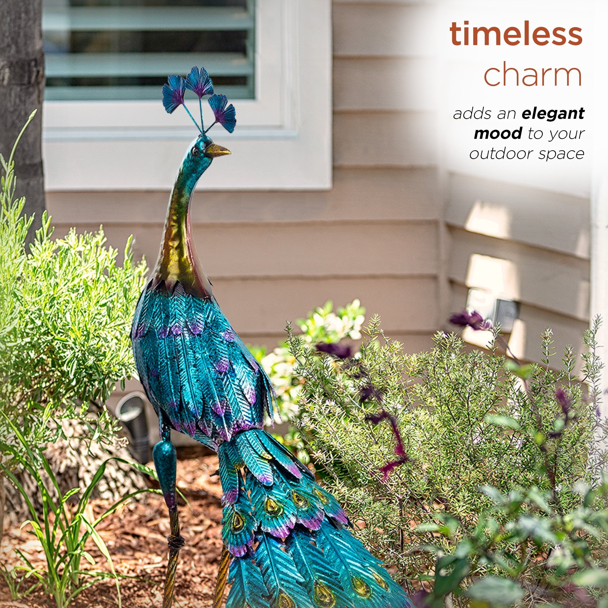 Alpine Corporation Tall Outdoor Metallic Peacock Standing Yard Statue Decoration, Multicolor