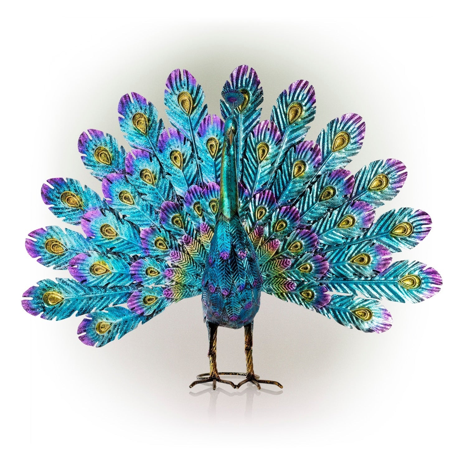 Alpine Corporation Tall Outdoor Metallic Peacock Standing Yard Statue Decoration, Multicolor
