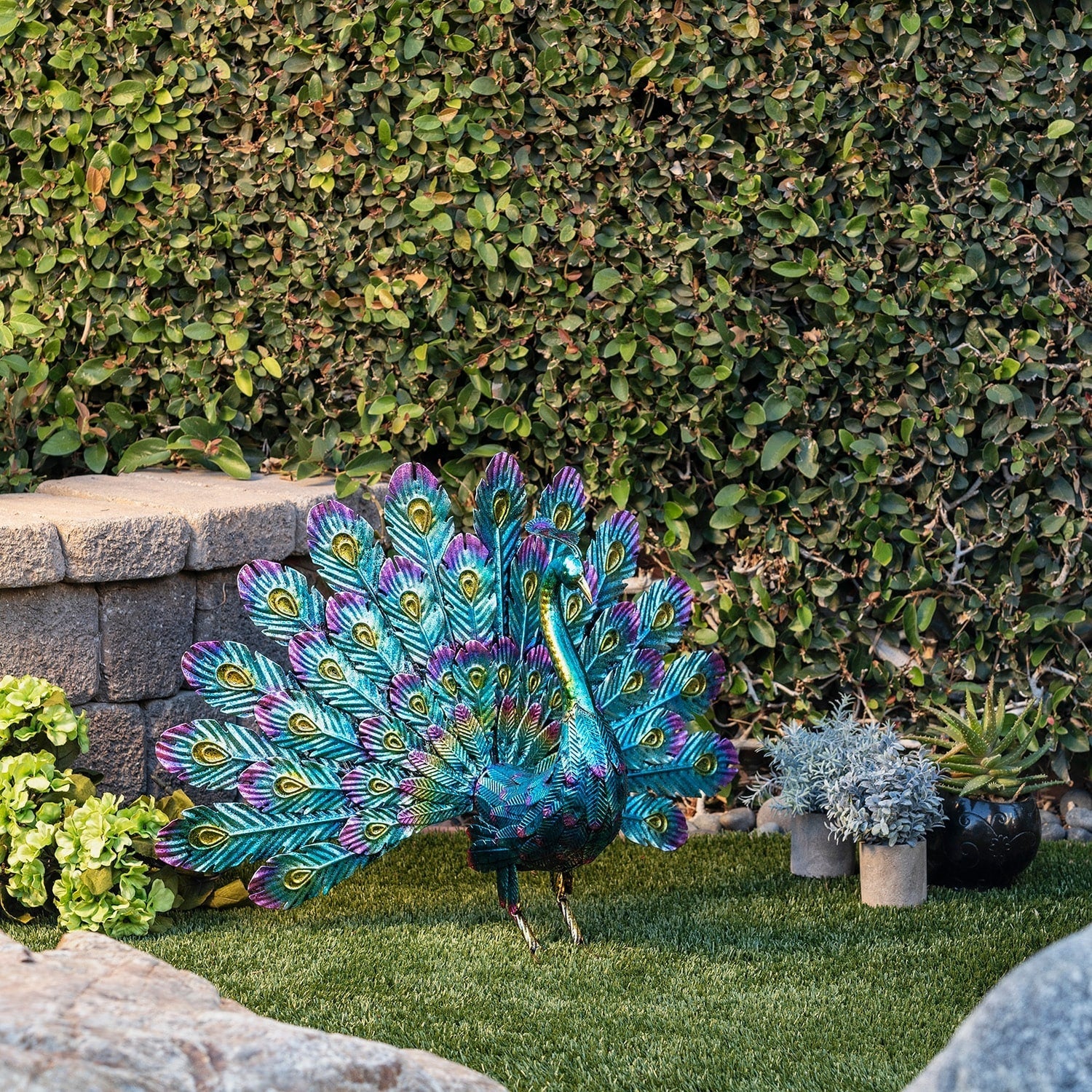 Alpine Corporation Tall Outdoor Metallic Peacock Standing Yard Statue Decoration, Multicolor