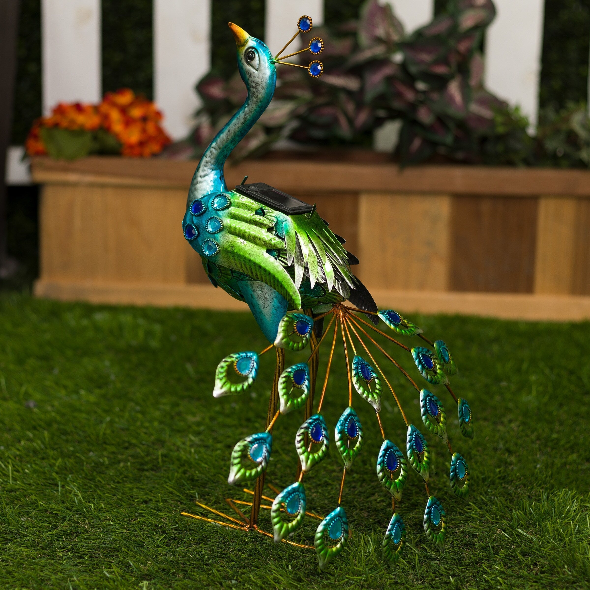 Alpine Corporation Tall Outdoor Metallic Peacock Standing Yard Statue Decoration, Multicolor