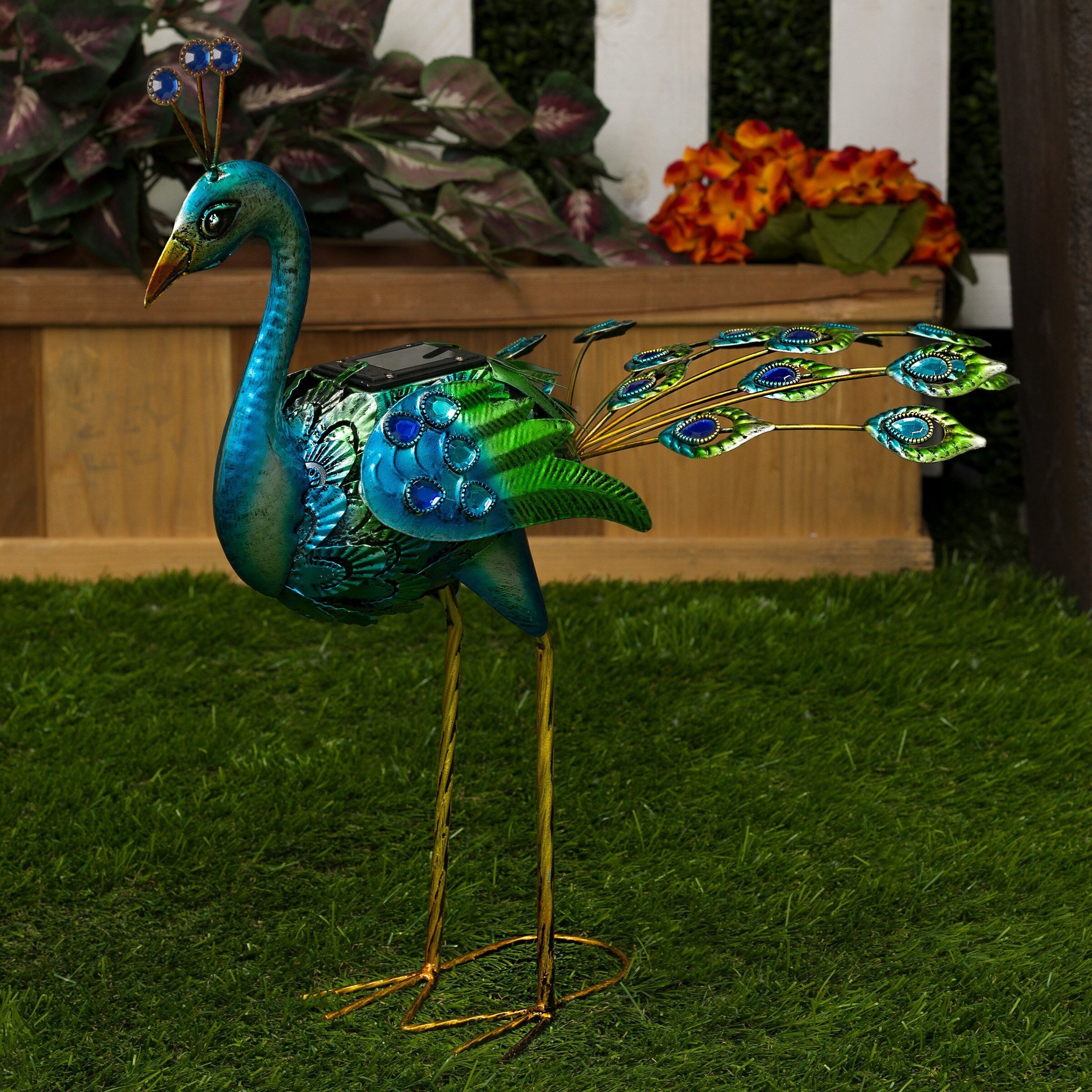 Alpine Corporation Tall Outdoor Metallic Peacock Standing Yard Statue Decoration, Multicolor