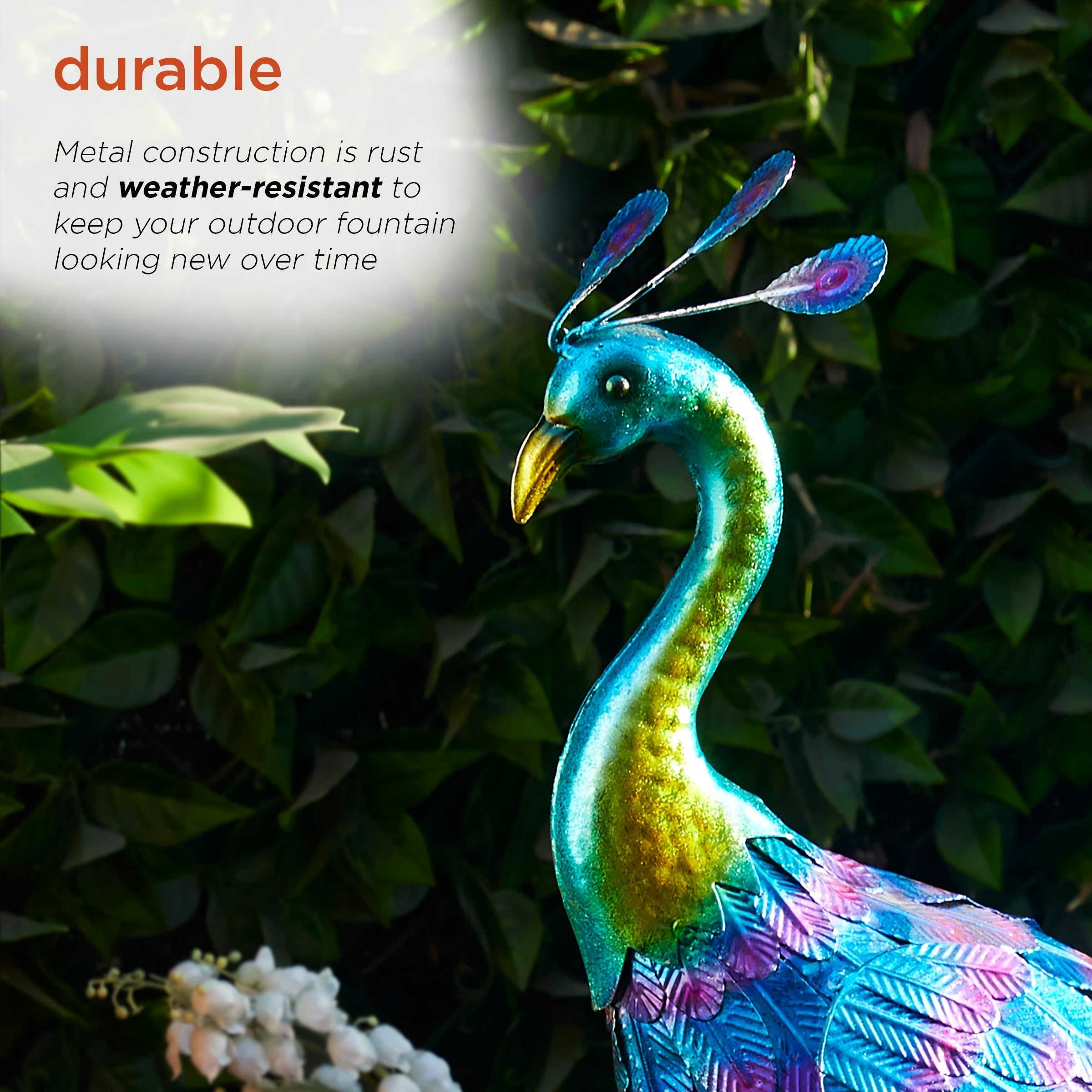 Alpine Corporation Tall Outdoor Metallic Peacock Standing Yard Statue Decoration, Multicolor