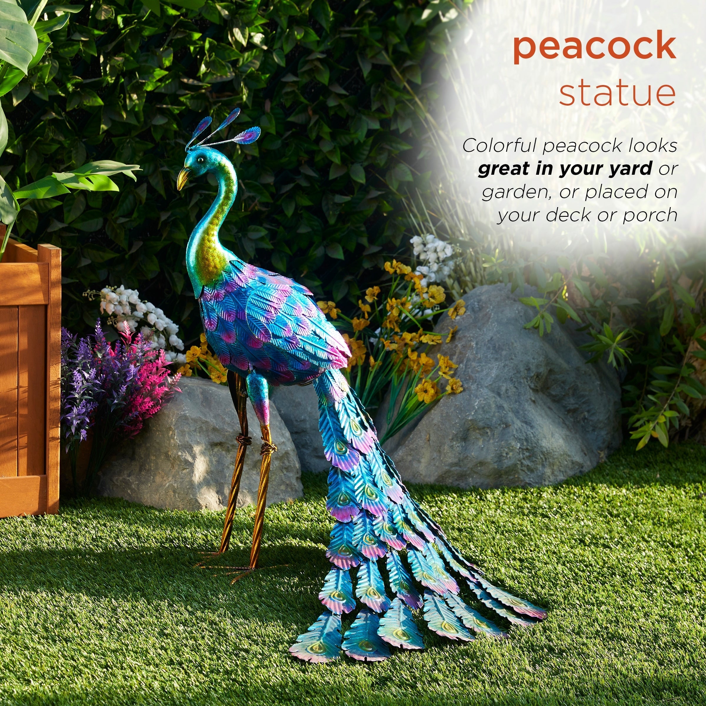 Alpine Corporation Tall Outdoor Metallic Peacock Standing Yard Statue Decoration, Multicolor