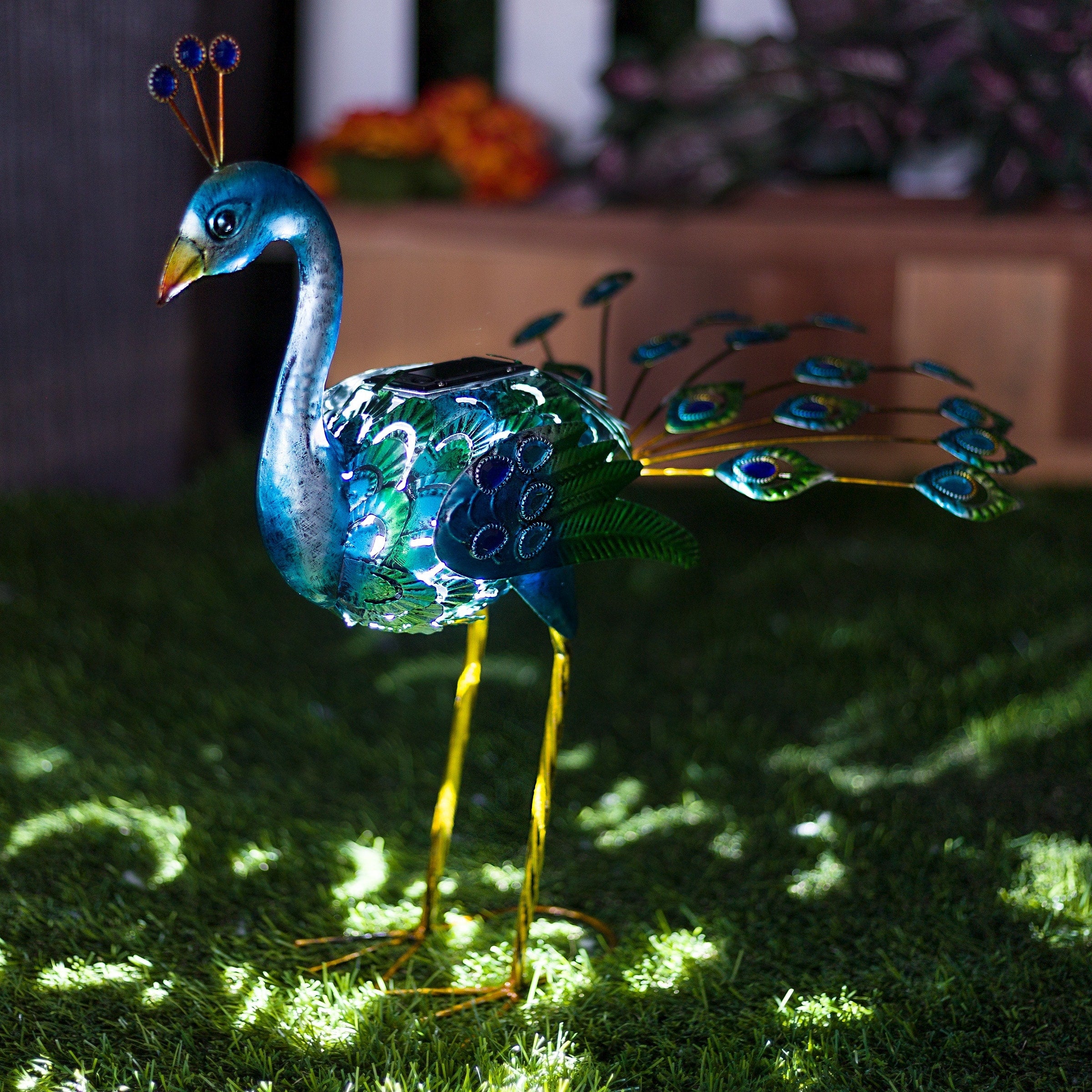 Alpine Corporation Tall Outdoor Metallic Peacock Standing Yard Statue Decoration, Multicolor