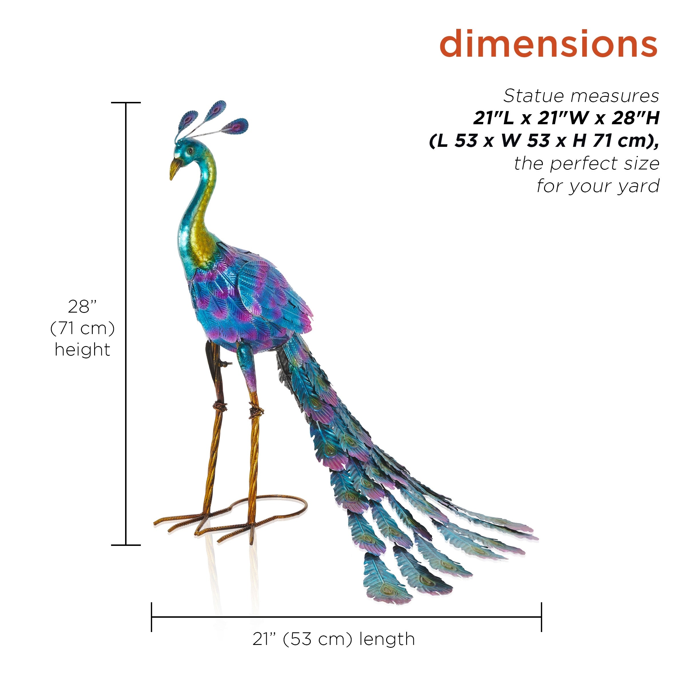 Alpine Corporation Tall Outdoor Metallic Peacock Standing Yard Statue Decoration, Multicolor