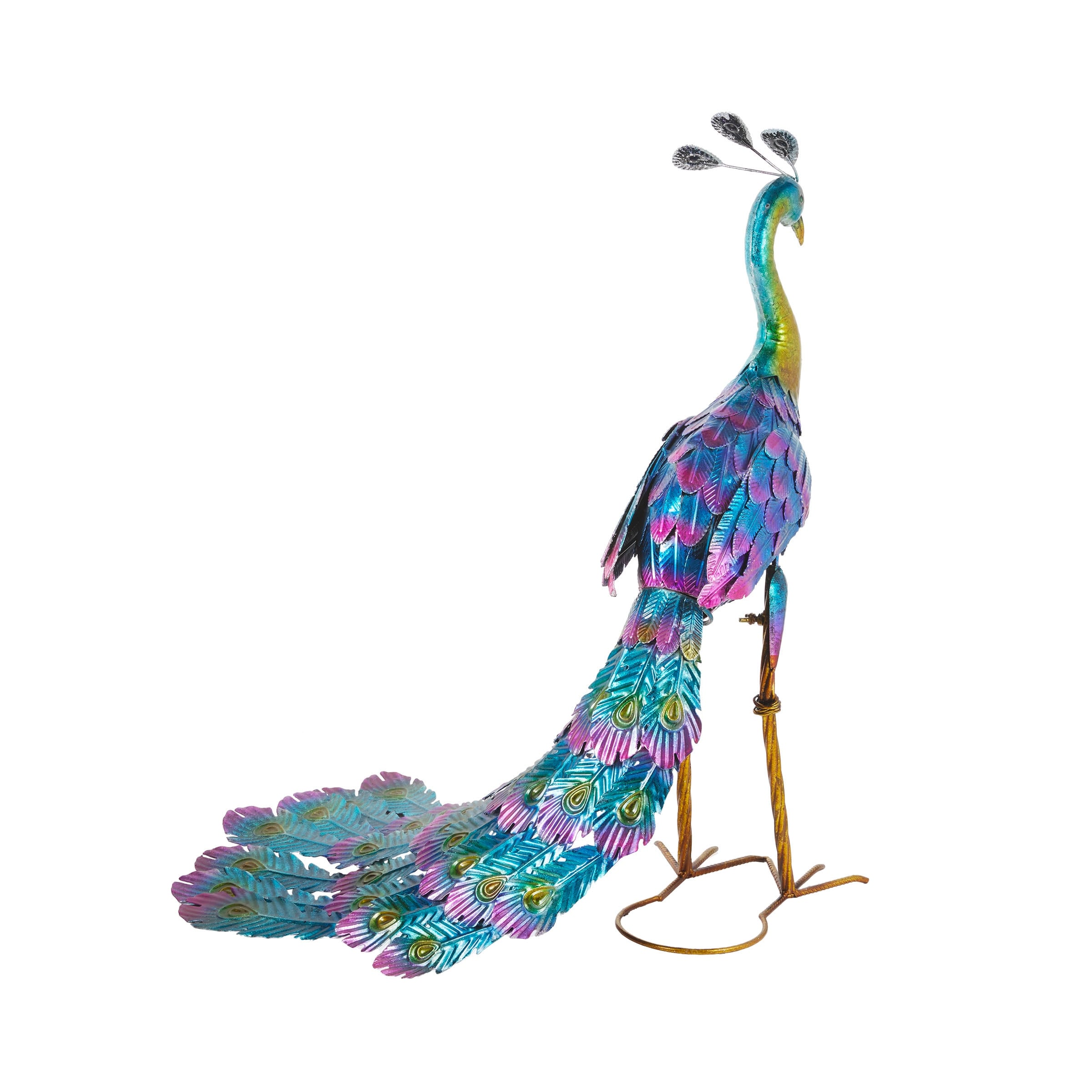 Alpine Corporation Tall Outdoor Metallic Peacock Standing Yard Statue Decoration, Multicolor