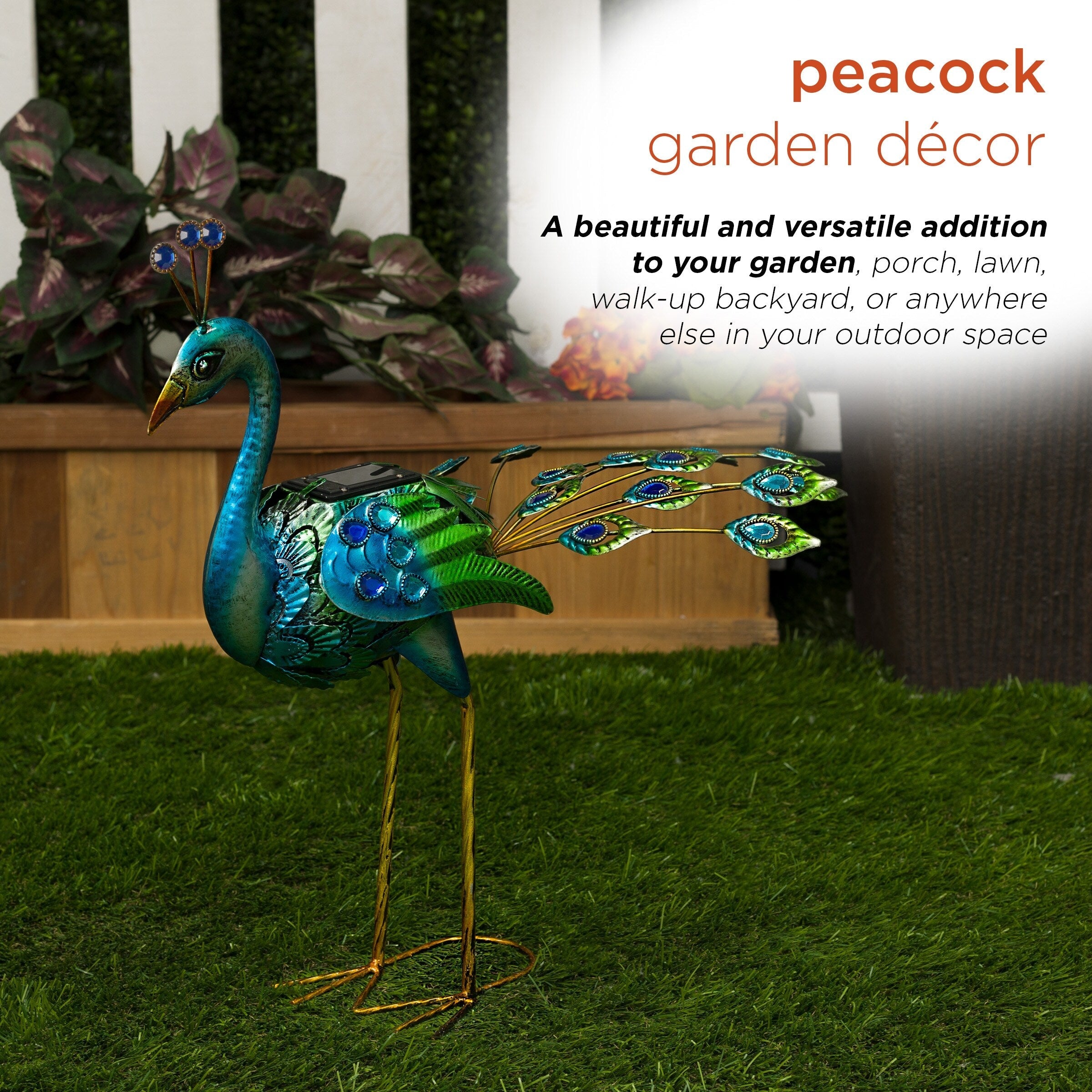 Alpine Corporation Tall Outdoor Metallic Peacock Standing Yard Statue Decoration, Multicolor