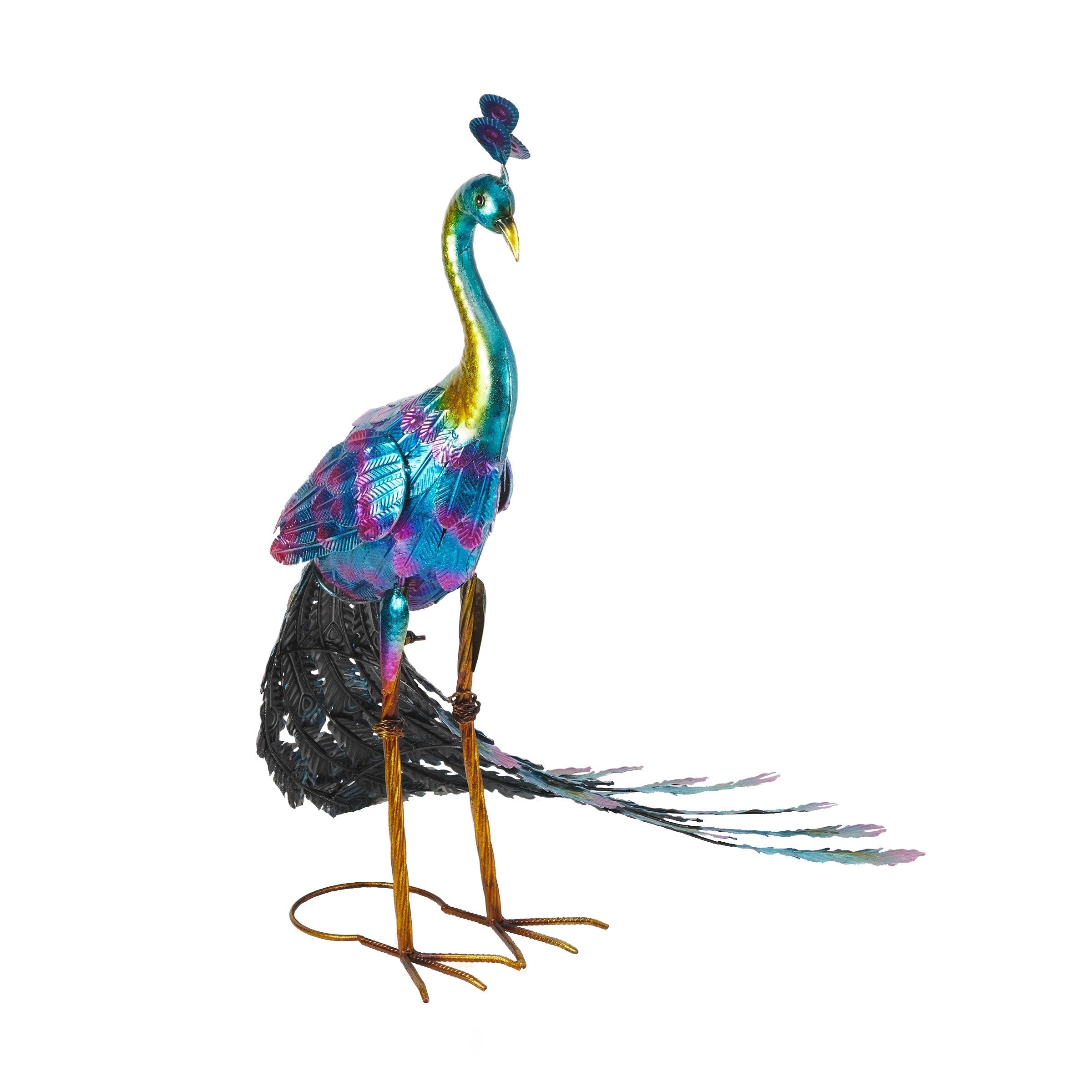 Alpine Corporation Tall Outdoor Metallic Peacock Standing Yard Statue Decoration, Multicolor