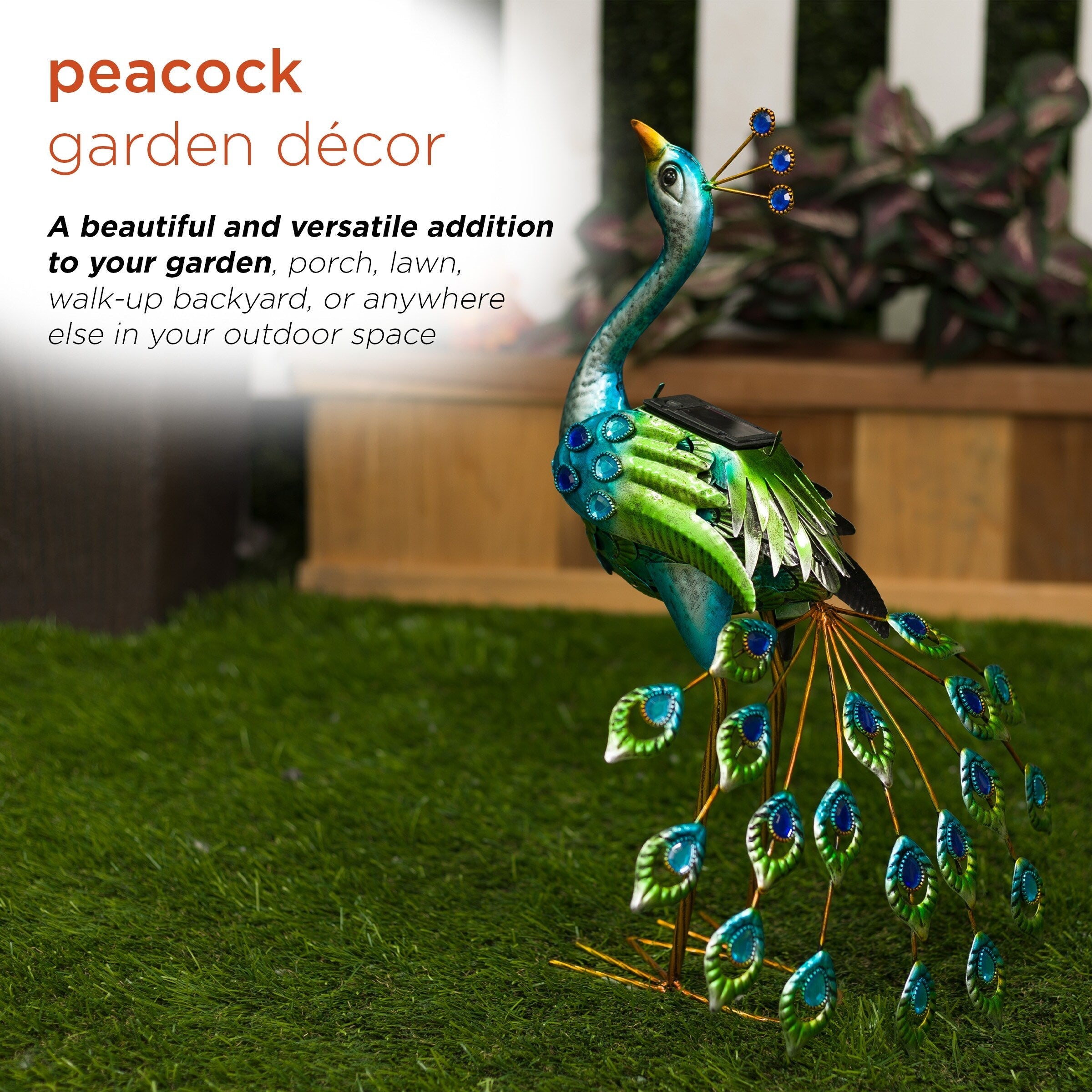 Alpine Corporation Tall Outdoor Metallic Peacock Standing Yard Statue Decoration, Multicolor