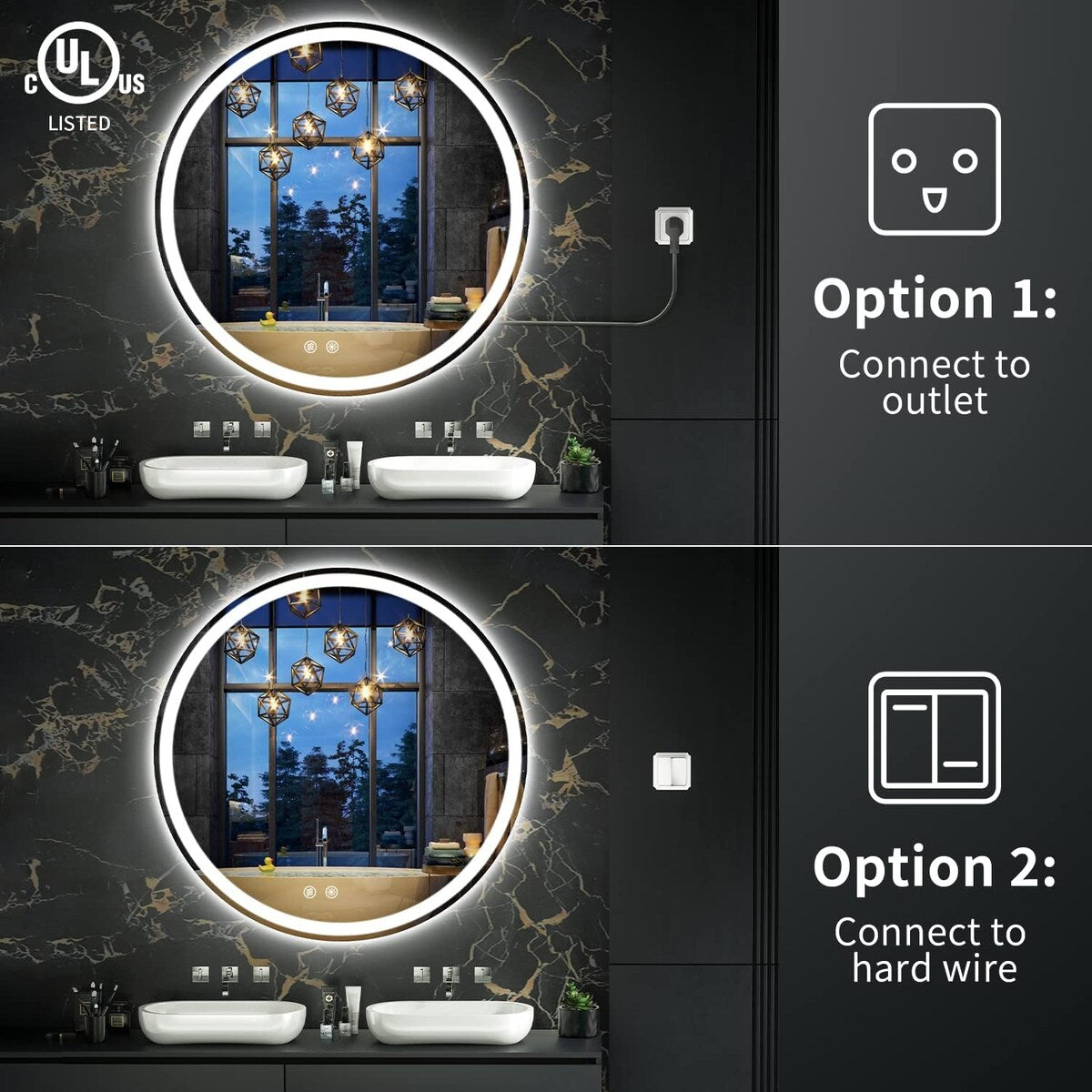 Miroir de courtoisie rond sans cadre, antibuée, éclairé par LED et à intensité variable