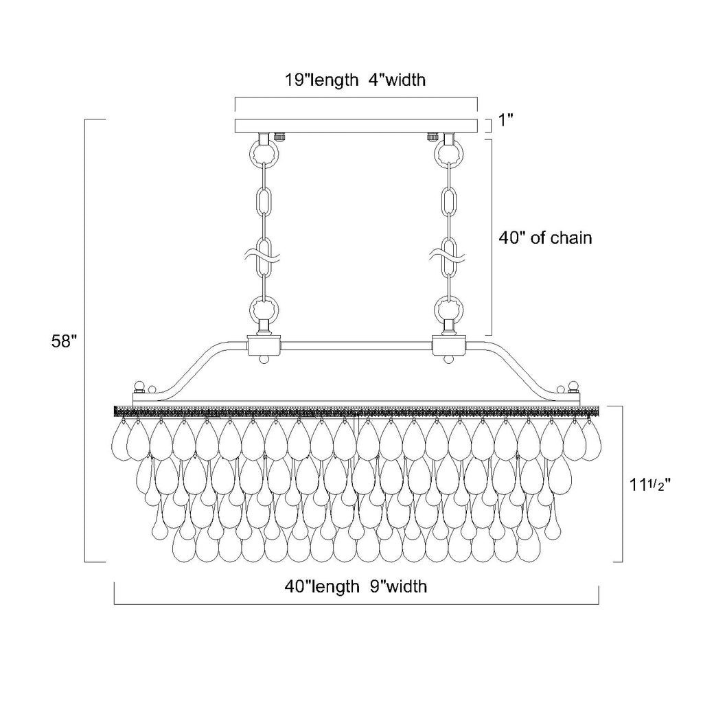 Éclairage rectangulaire pour îlot de cuisine en bronze antique à 6 lumières avec suspension en cristal - Bronze antique
