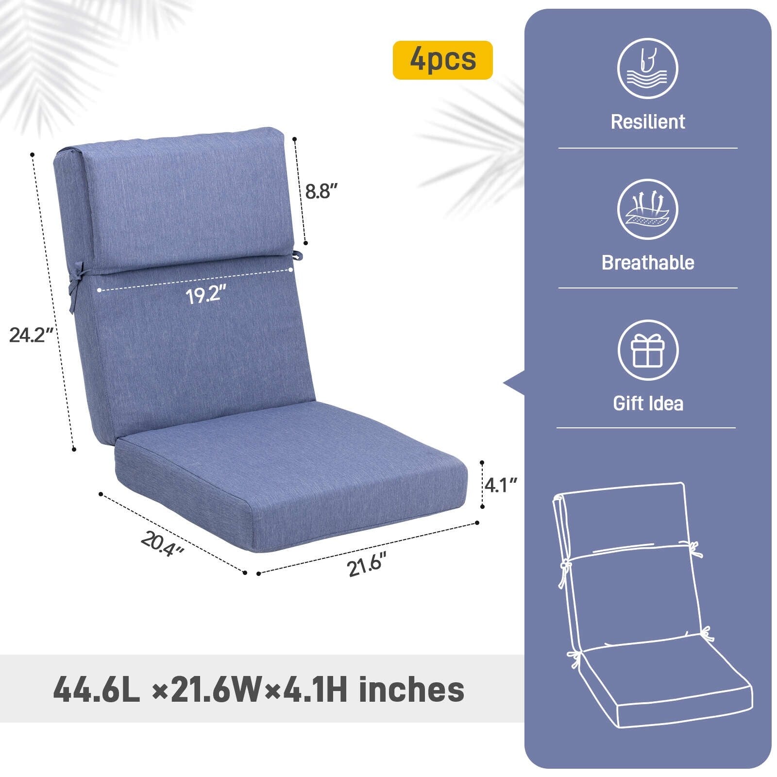 Lot de 4 coussins de chaise à dossier haut Aoodor Patio, 46 ​​x 21 x 4 pouces (coussins uniquement)