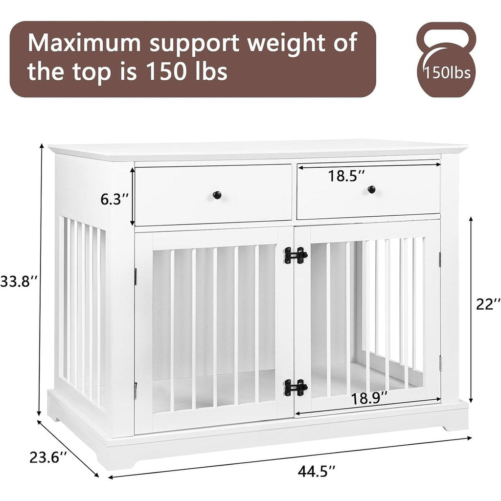 Cage pour chien Bossin de 111 cm de large, table d'appoint en bois avec tiroirs de rangement, niche décorative pour animaux de compagnie.
