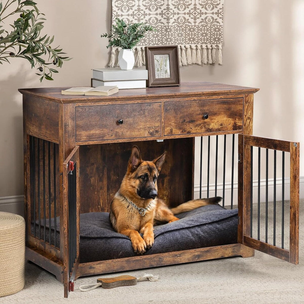 Cage pour chien Bossin de 111 cm de large, table d'appoint en bois avec tiroirs de rangement, niche décorative pour animaux de compagnie.