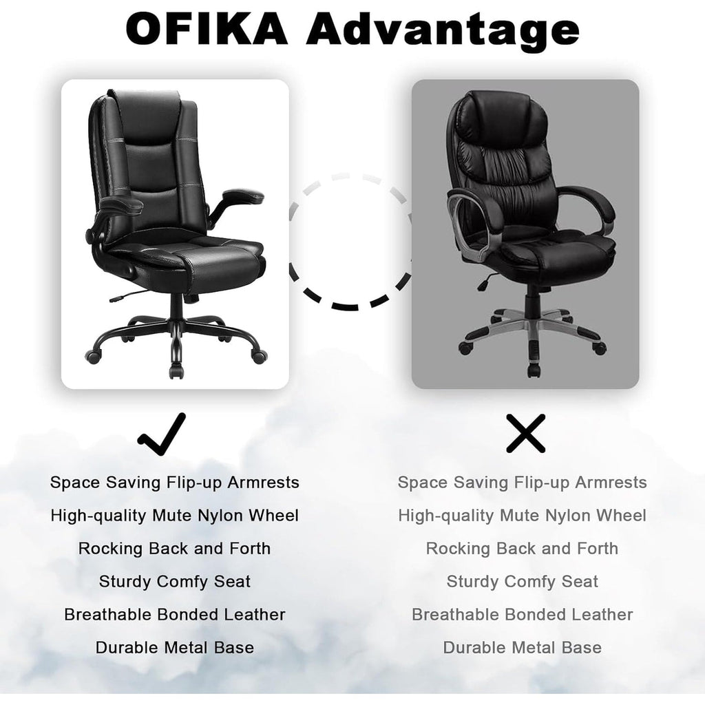 BOSSIN Big and Tall Office Chair Ergonomic High Back Computer Adjustable Height Leather Executive Chair with Padded Flip-up Arms