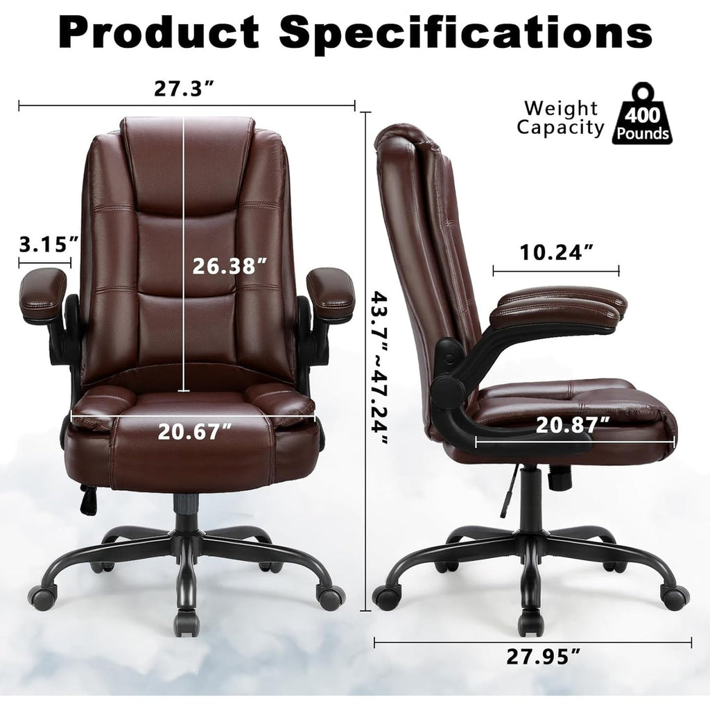 BOSSIN Big and Tall Office Chair Ergonomic High Back Computer Adjustable Height Leather Executive Chair with Padded Flip-up Arms
