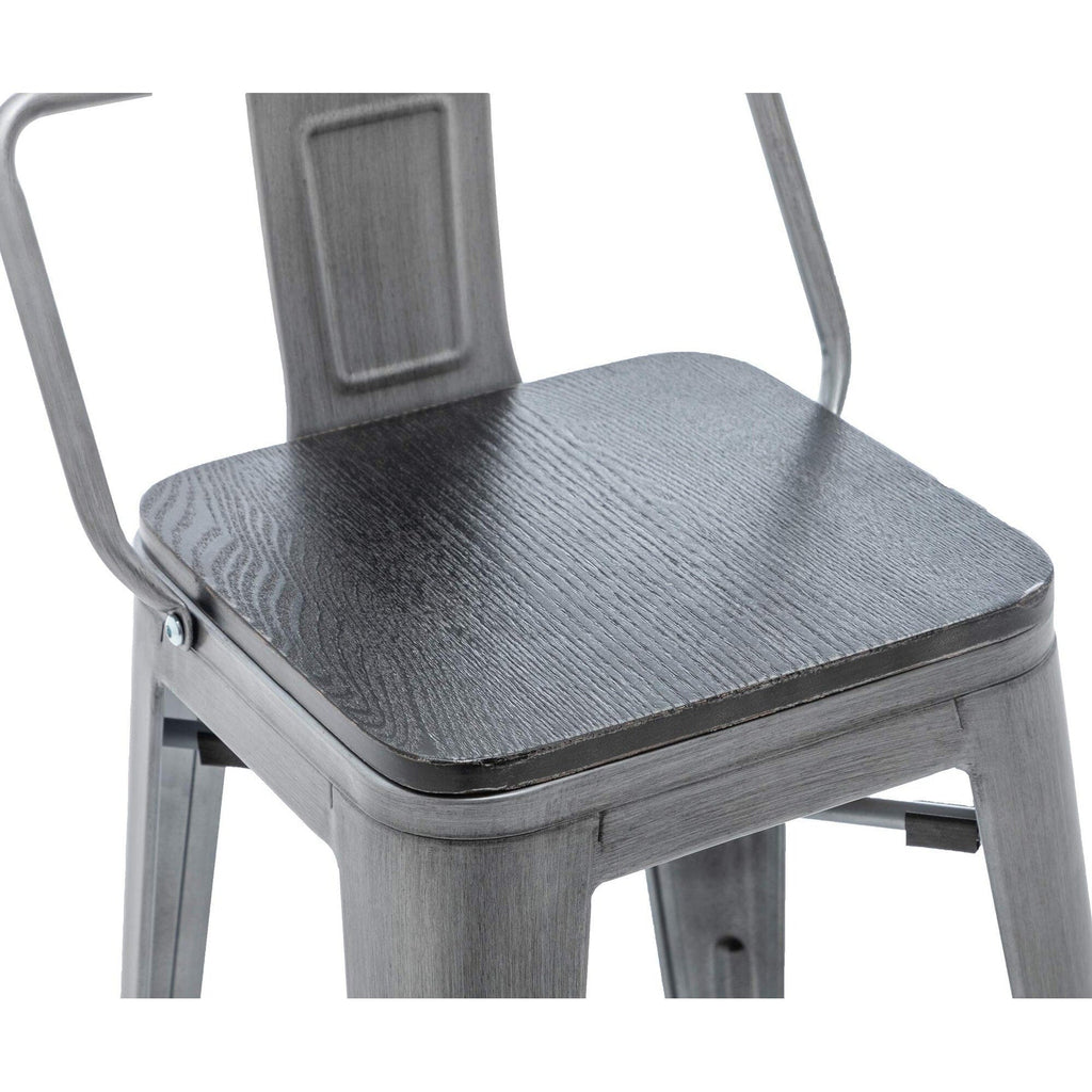 Lot de 4 tabourets de bar industriels en métal avec dossier et assise en bois