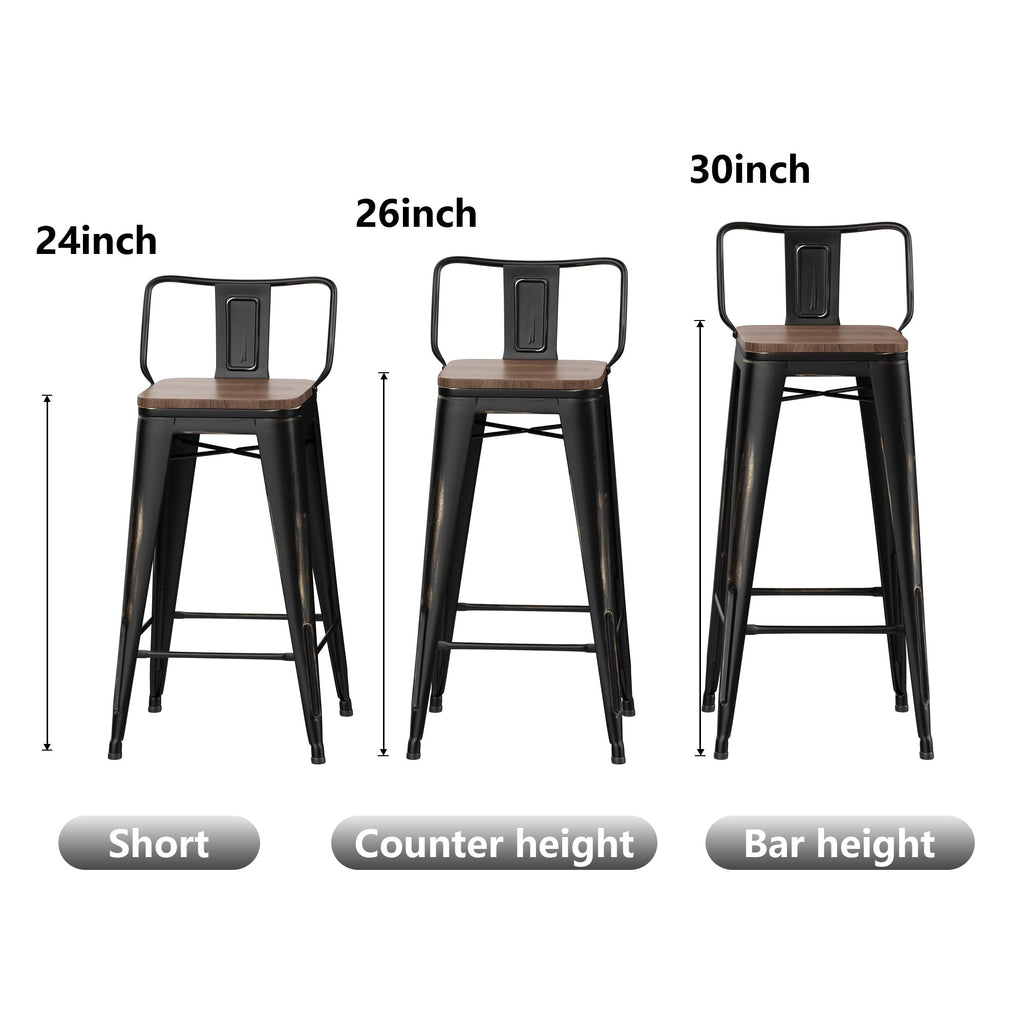 Lot de 4 tabourets de bar industriels en métal avec dossier et assise en bois