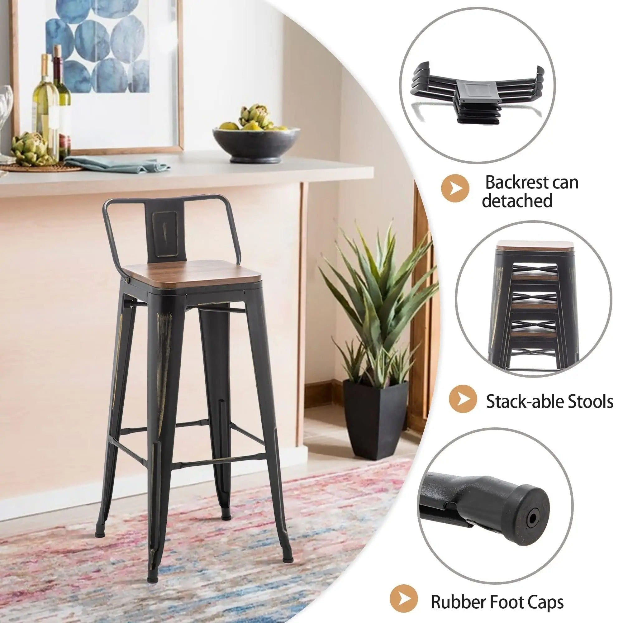 Lot de 4 tabourets de bar industriels en métal avec dossier et assise en bois