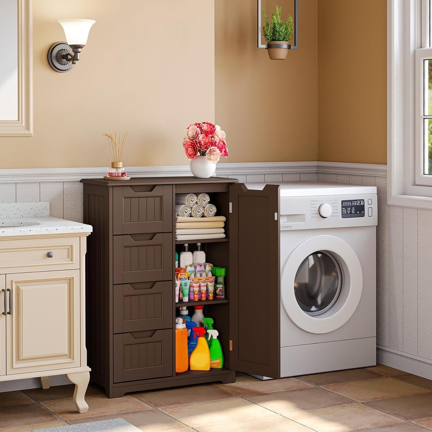 Meuble de rangement de salle de bain, meuble de rangement sur pied indépendant avec 4 tiroirs et étagère réglable