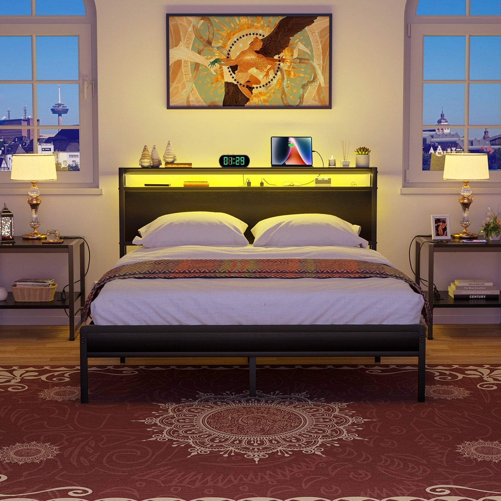 Cadre de lit plateforme en bois de style ferme avec station de charge et lumières LED