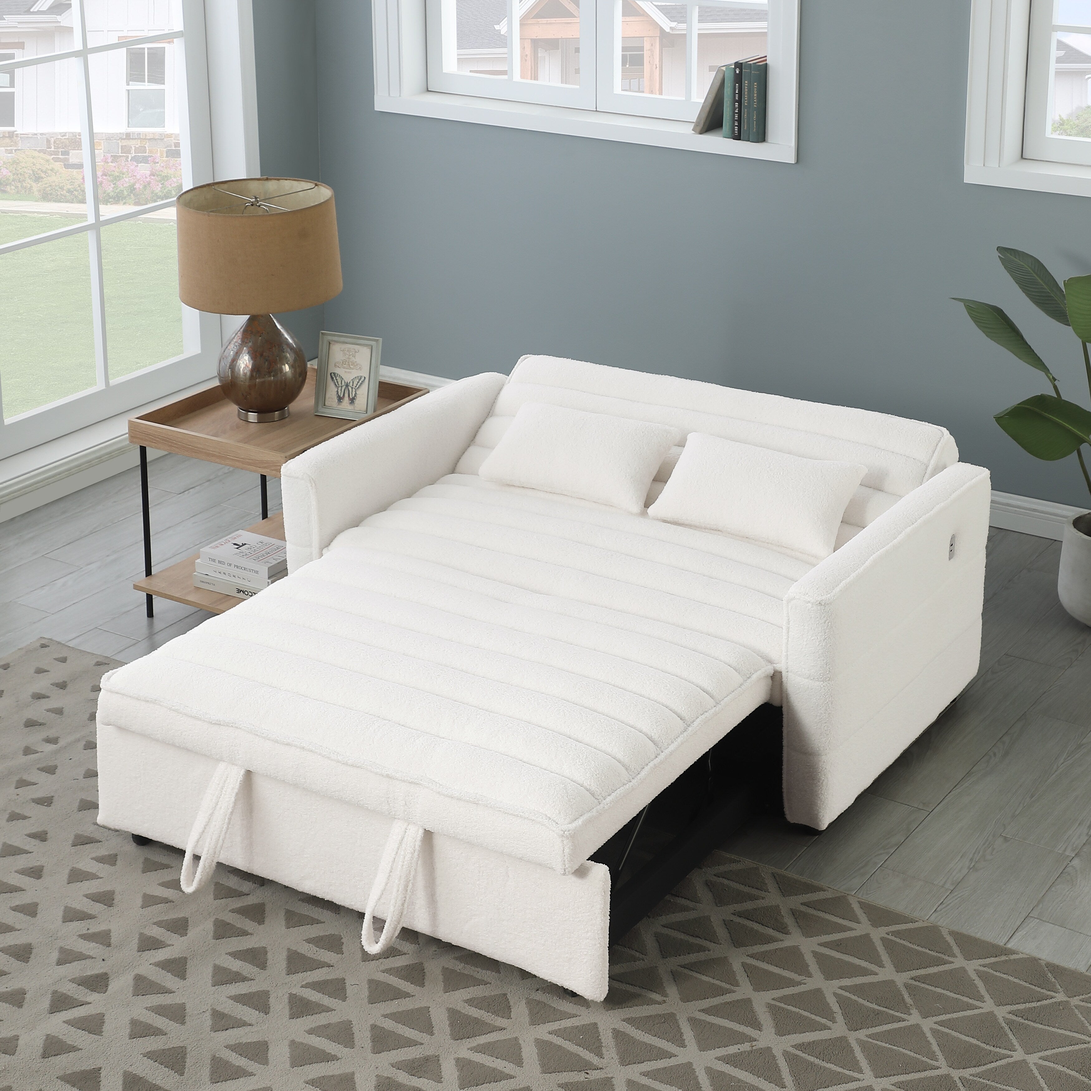 Beige 55.12 Boucle Loveseat Convertible Pull-Out Sofa Bed with Adjustable Back and 2 Waist Pillows for Living Room