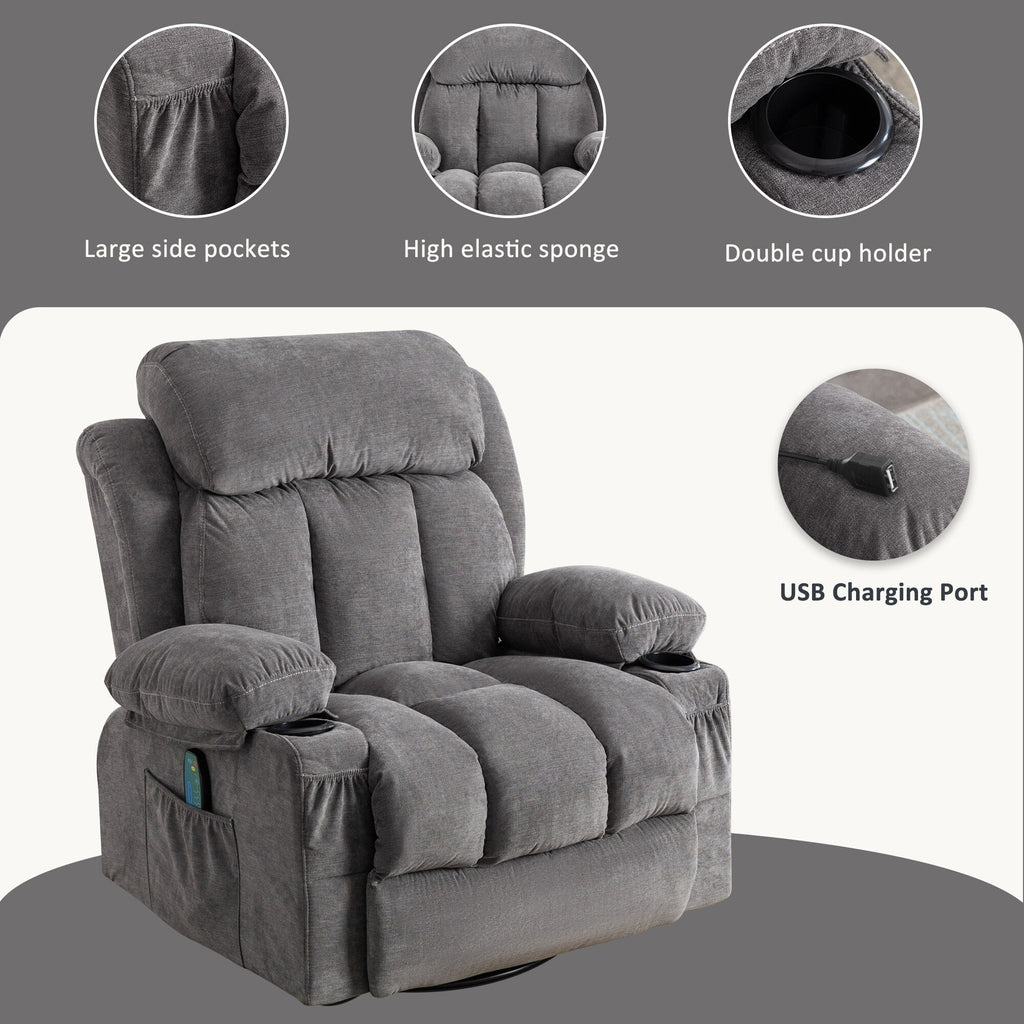 Beige Swivel Recliner with Massage, Heat & USB Charging