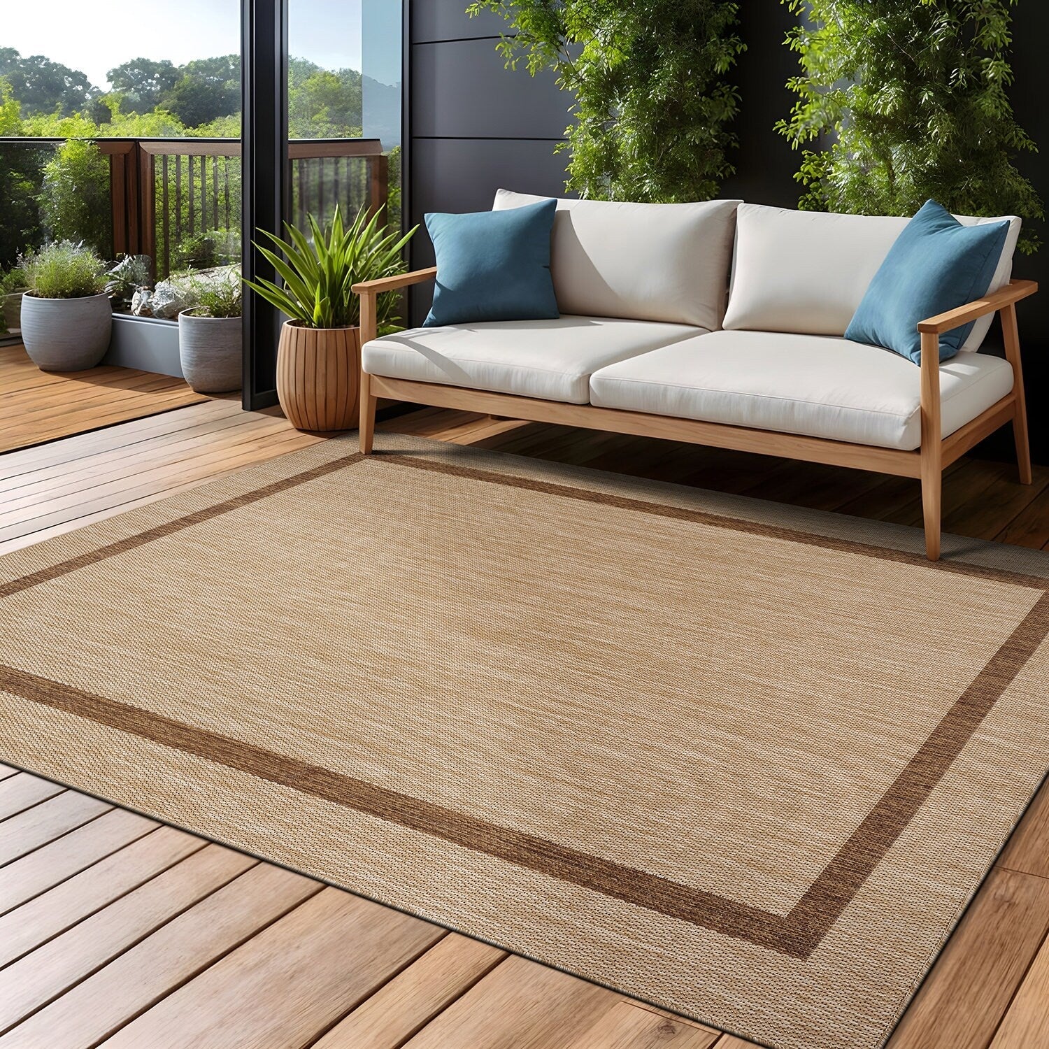 Tapis Beverly Rug moderne à bordures pour intérieur et extérieur, tapis d'extérieur pour patio, terrasse, porche
