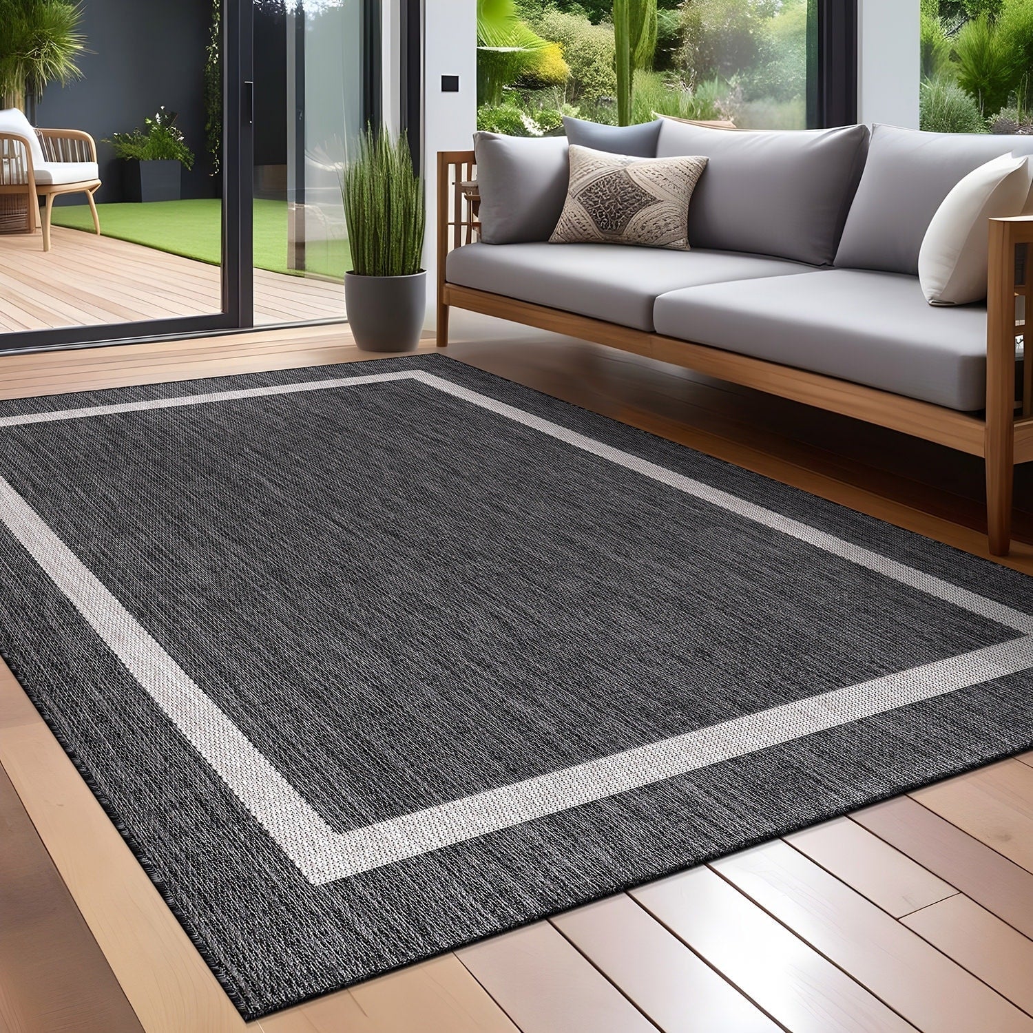 Tapis Beverly Rug moderne à bordures pour intérieur et extérieur, tapis d'extérieur pour patio, terrasse, porche