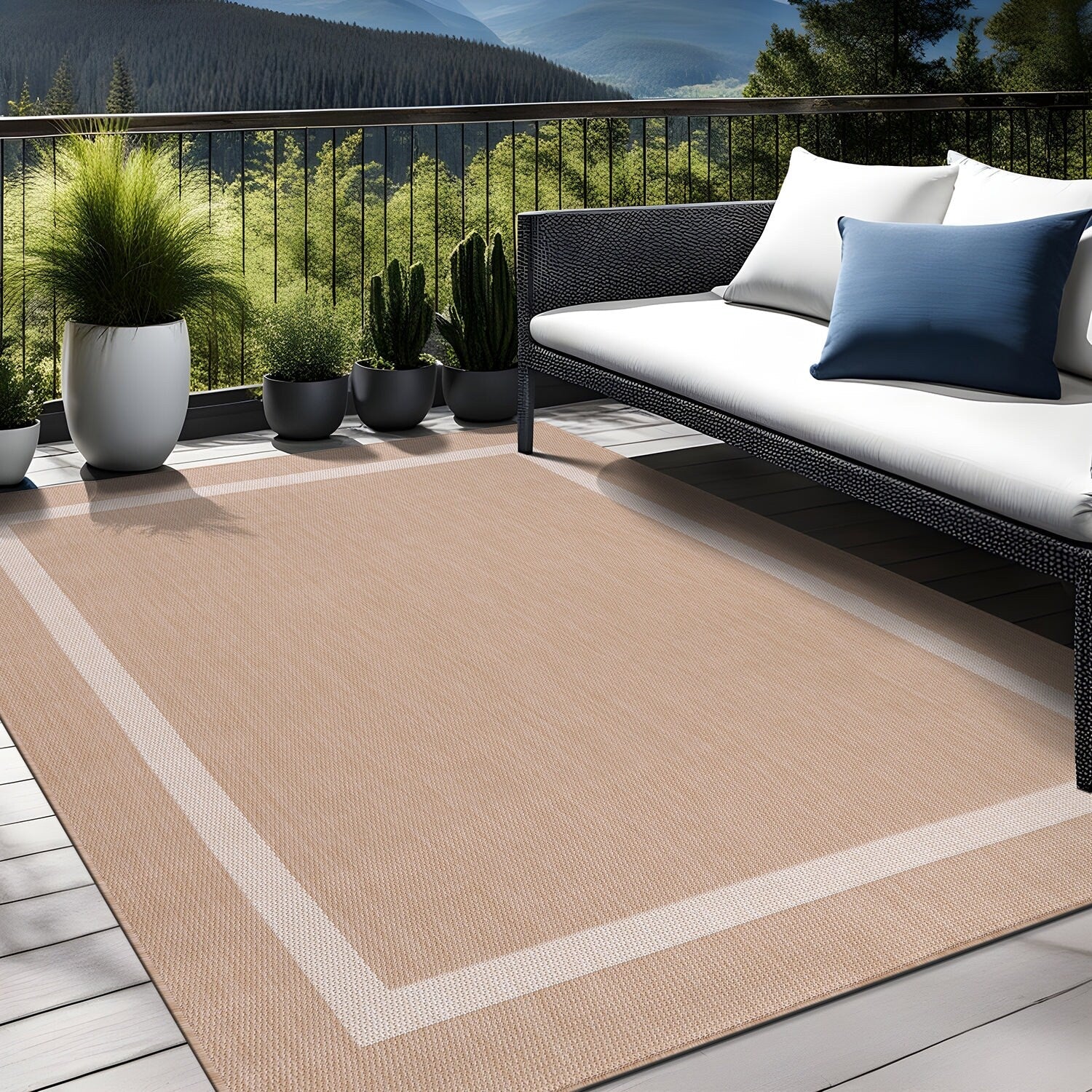 Tapis Beverly Rug moderne à bordures pour intérieur et extérieur, tapis d'extérieur pour patio, terrasse, porche