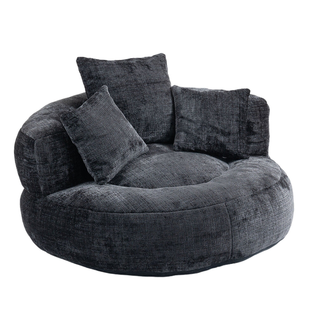 Black Oversized 42.52 Chenille Lazy Bean Bag Single Sofa with Three Pillows for Bedroom