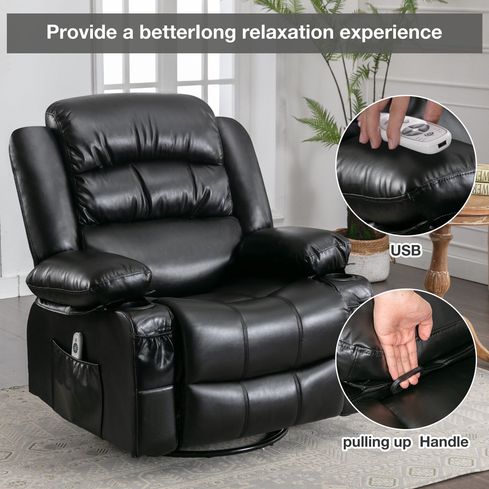 Black Swivel Rocker Recliner with Heat, Massage & USB Ports