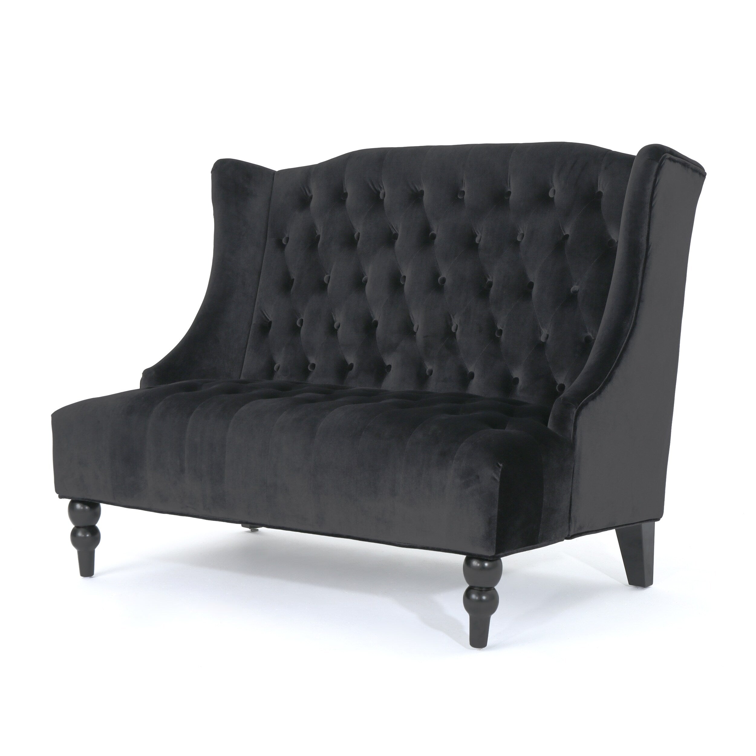 Black Velvet Button Tufted High Wingback Loveseat Sofa