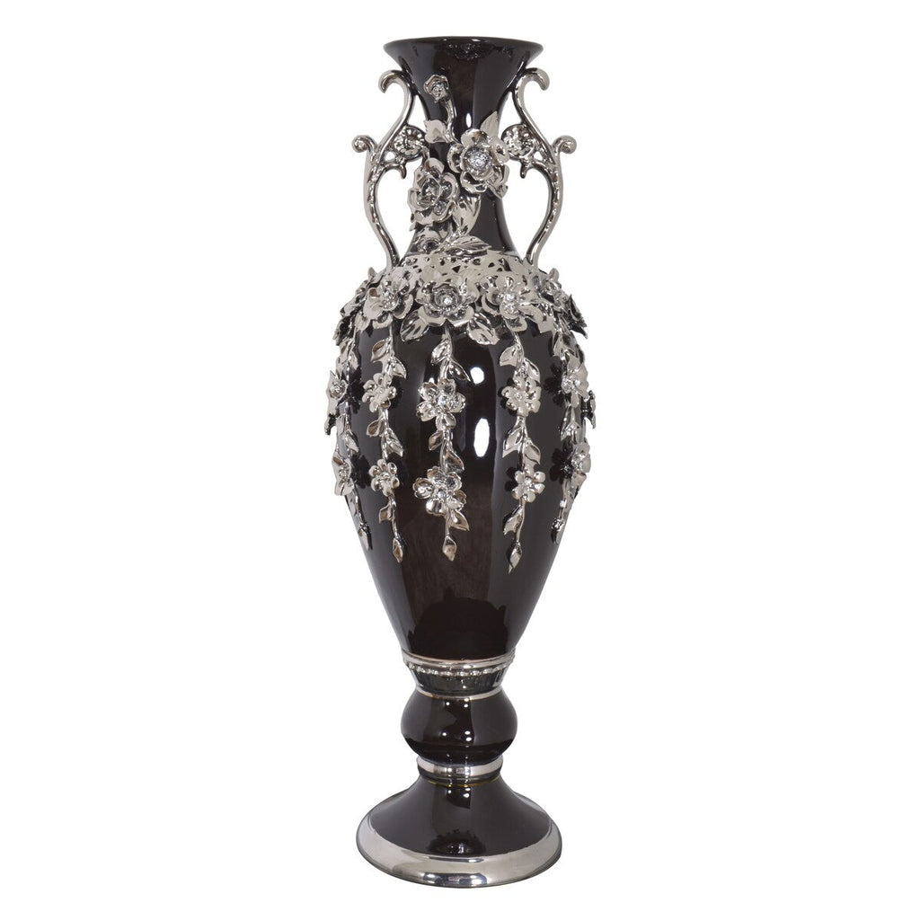 Superbe vase orné de bijoux en forme de fleuron noir et argent de 35 pouces de hauteur