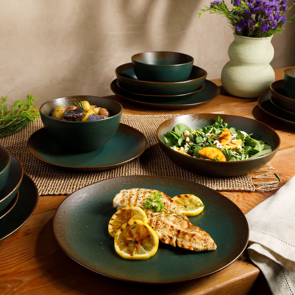 Bloomhouse Palermo Sun Service de table 16 pièces en grès émaillé réactif avec assiettes et bols à double bol