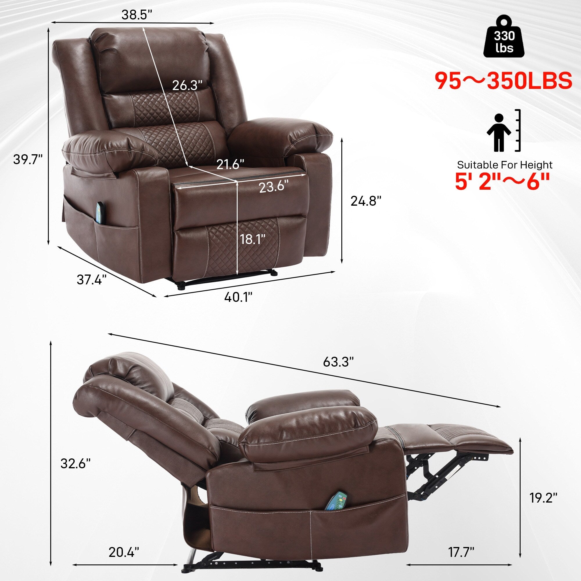 Brown Manual Recliner with 8-Point Massage, Heated Function, and Sturdy Frame for Living Room Comfort