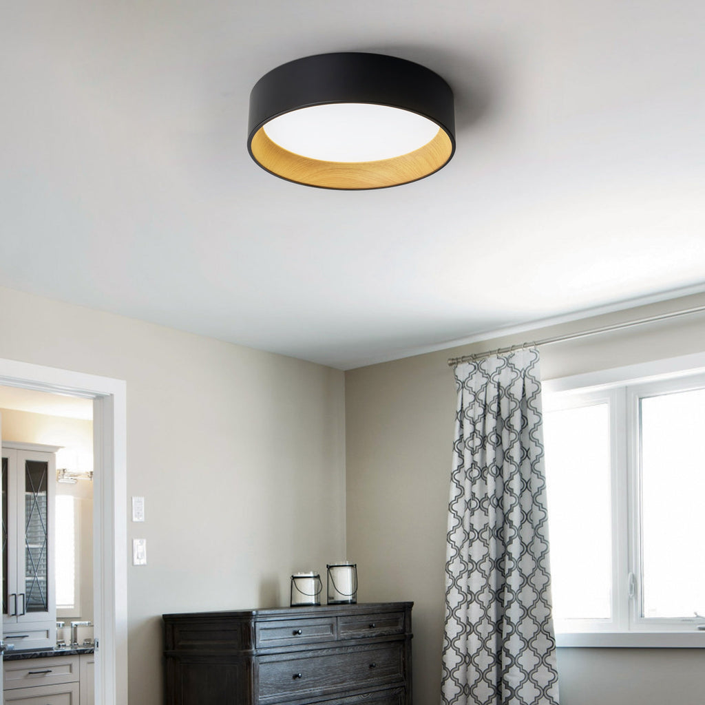 C Cattleya Black and Woodgrain 3CCT Integrated LED Flush Mount Ceiling Light
