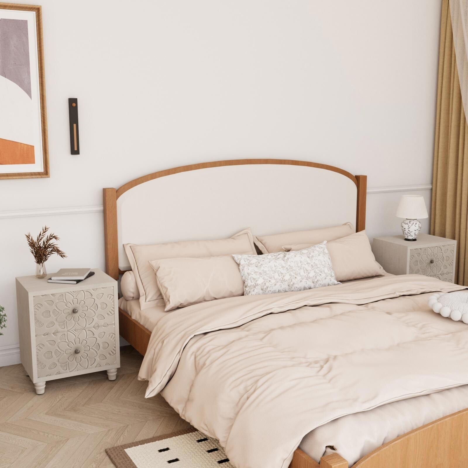 COSIEST Vintage Brown Pattern Solid Wood Nightstand with Drawers