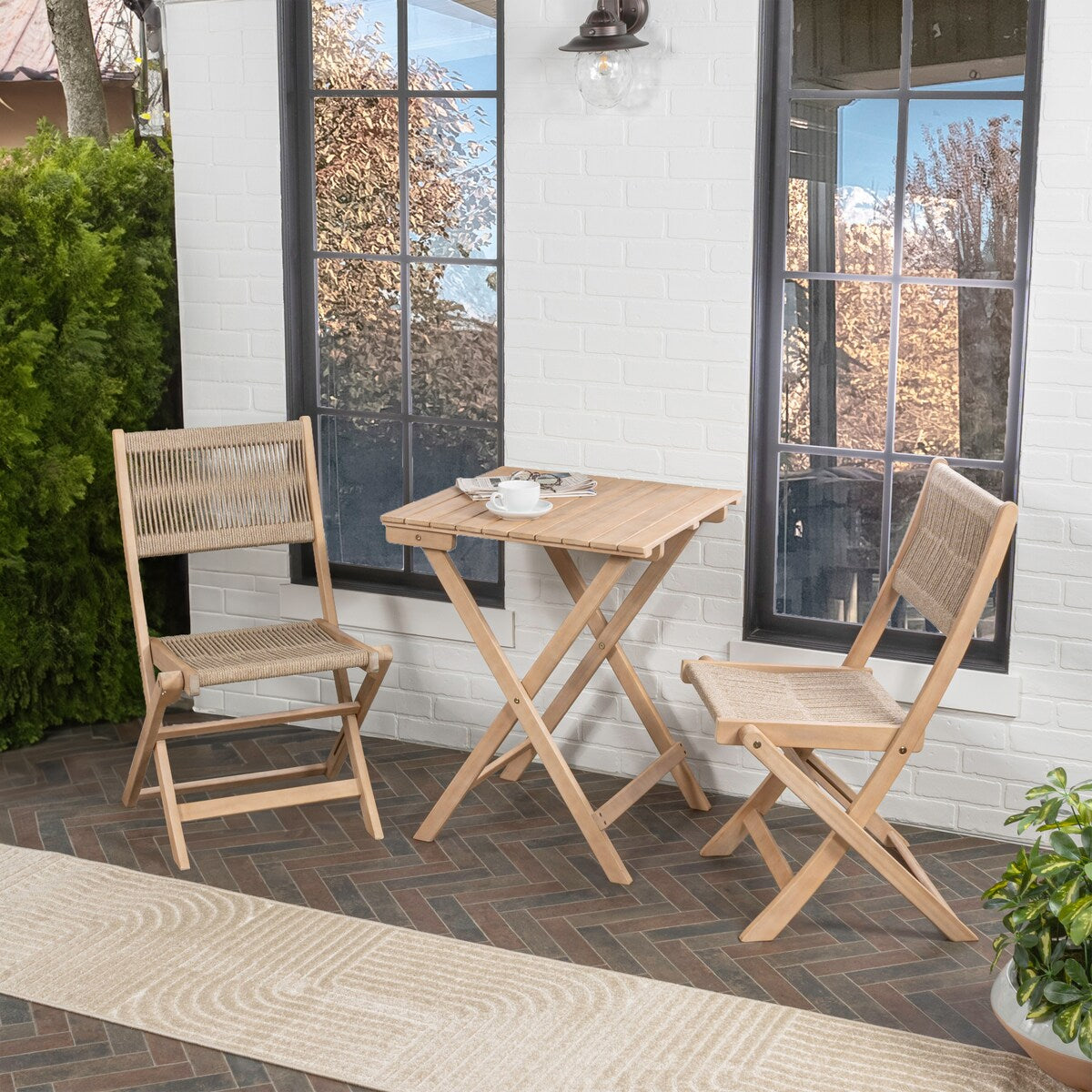 Cadiz Modern Coastal 3-Piece Acacia Wood Outdoor Folding Bistro Set, by JONATHAN Y