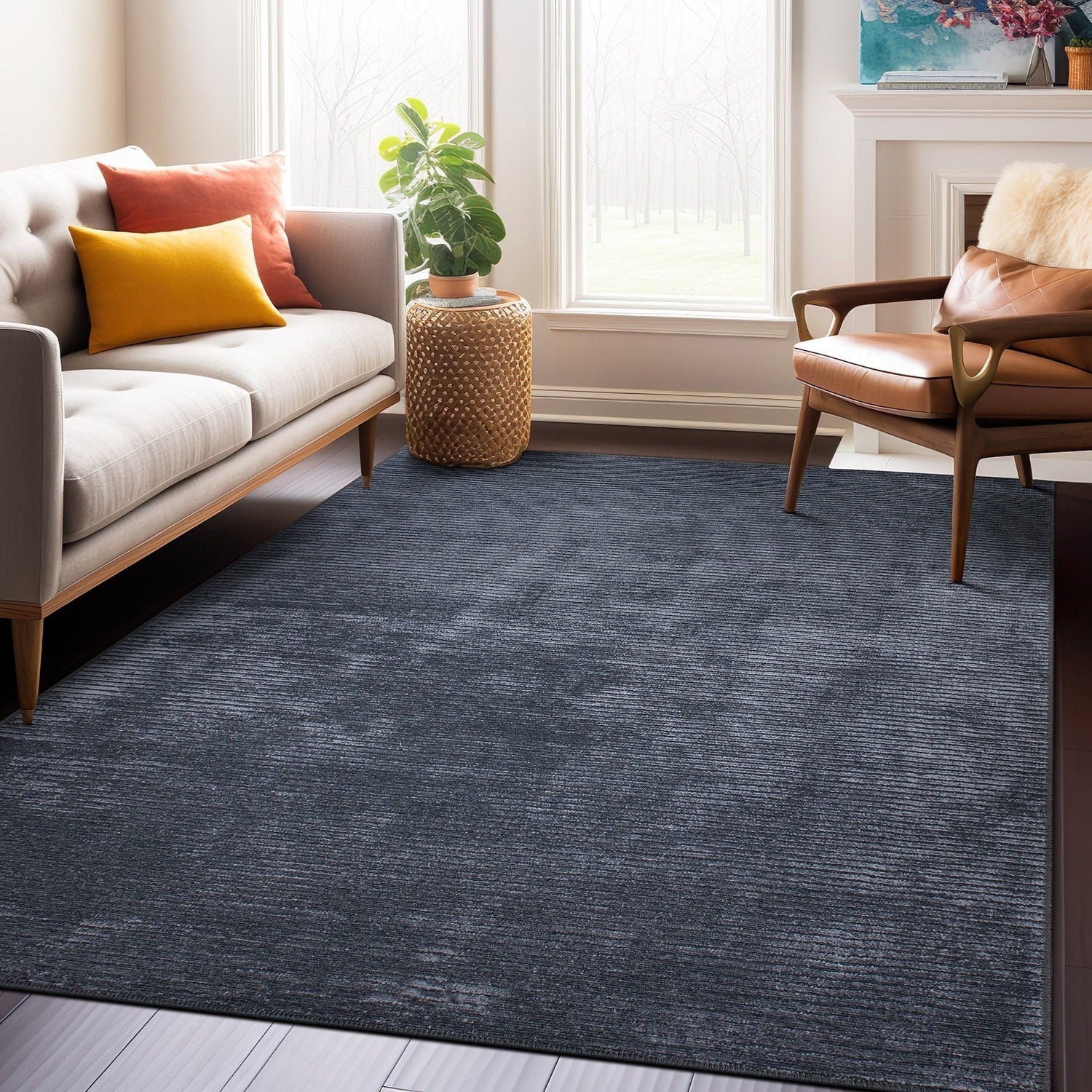 Tapis contemporain à rayures usées lavable en machine