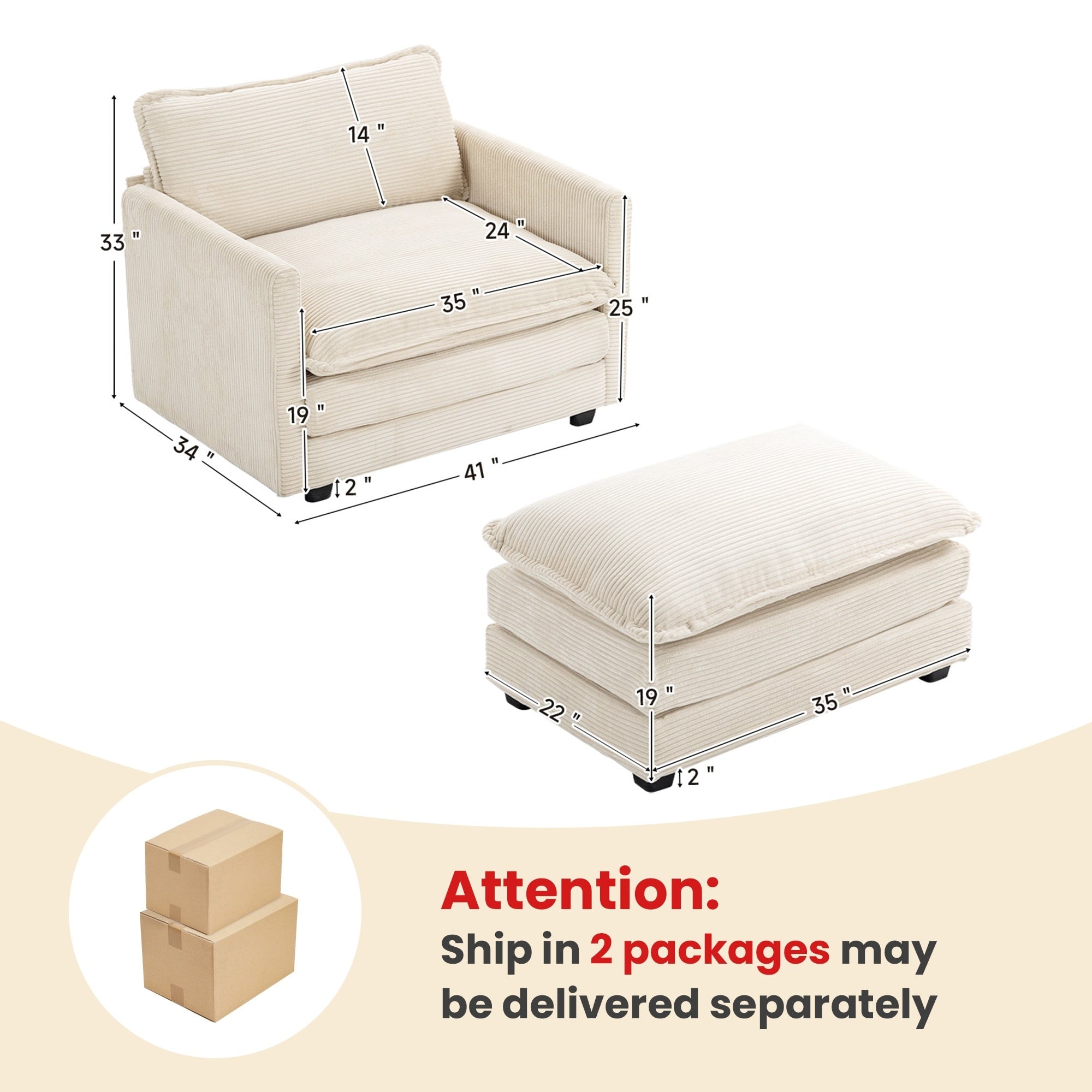 Canapé sectionnel en velours côtelé avec poufs amovibles et coussins ultra-doux pour salon et chambre