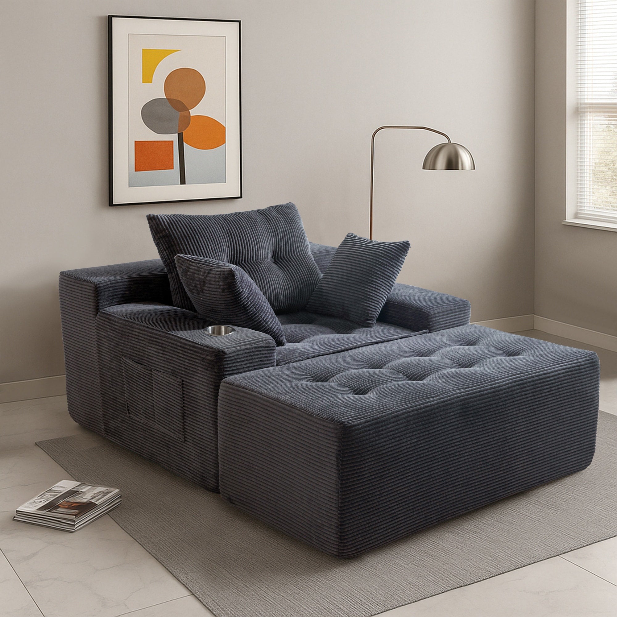Corduroy Upholstered Memory Foam Sofa With Ottoman Upholstered Bean Bag Couch - 48.4Lx67.7Wx24.4H