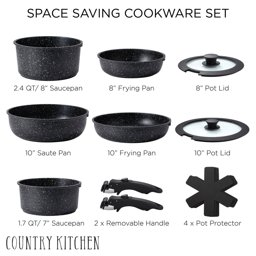 Country Kitchen RV Cookware- 13 Piece Aluminum Pots and Pans with Removable Handle Oven Safe