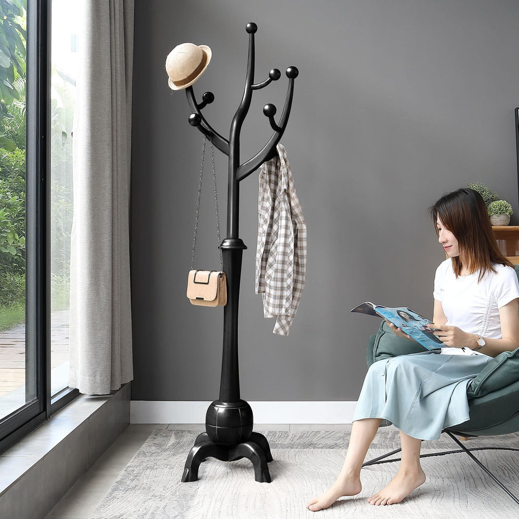 Porte-manteau autoportant en bois d'hévéa avec 8 crochets - 24,5 L x 70,87 H