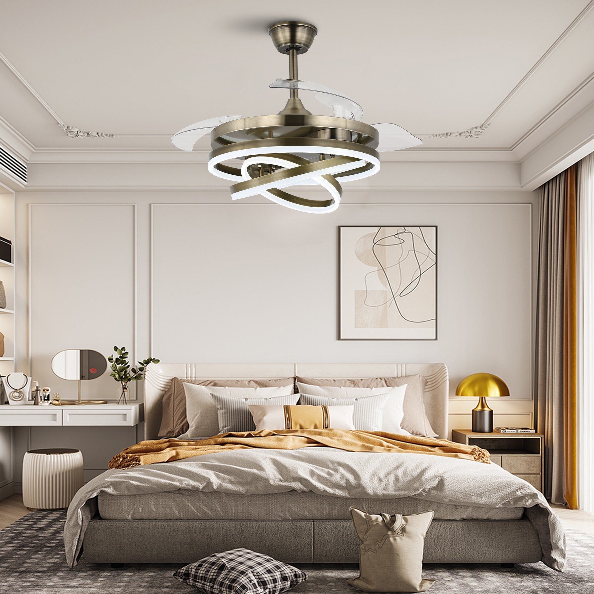 Ventilateur de plafond rétractable Cusp Barn 42 avec lumières et télécommande DIY Forme Fandelier Moderne Silencieux Moteur CC Plafonnier LED