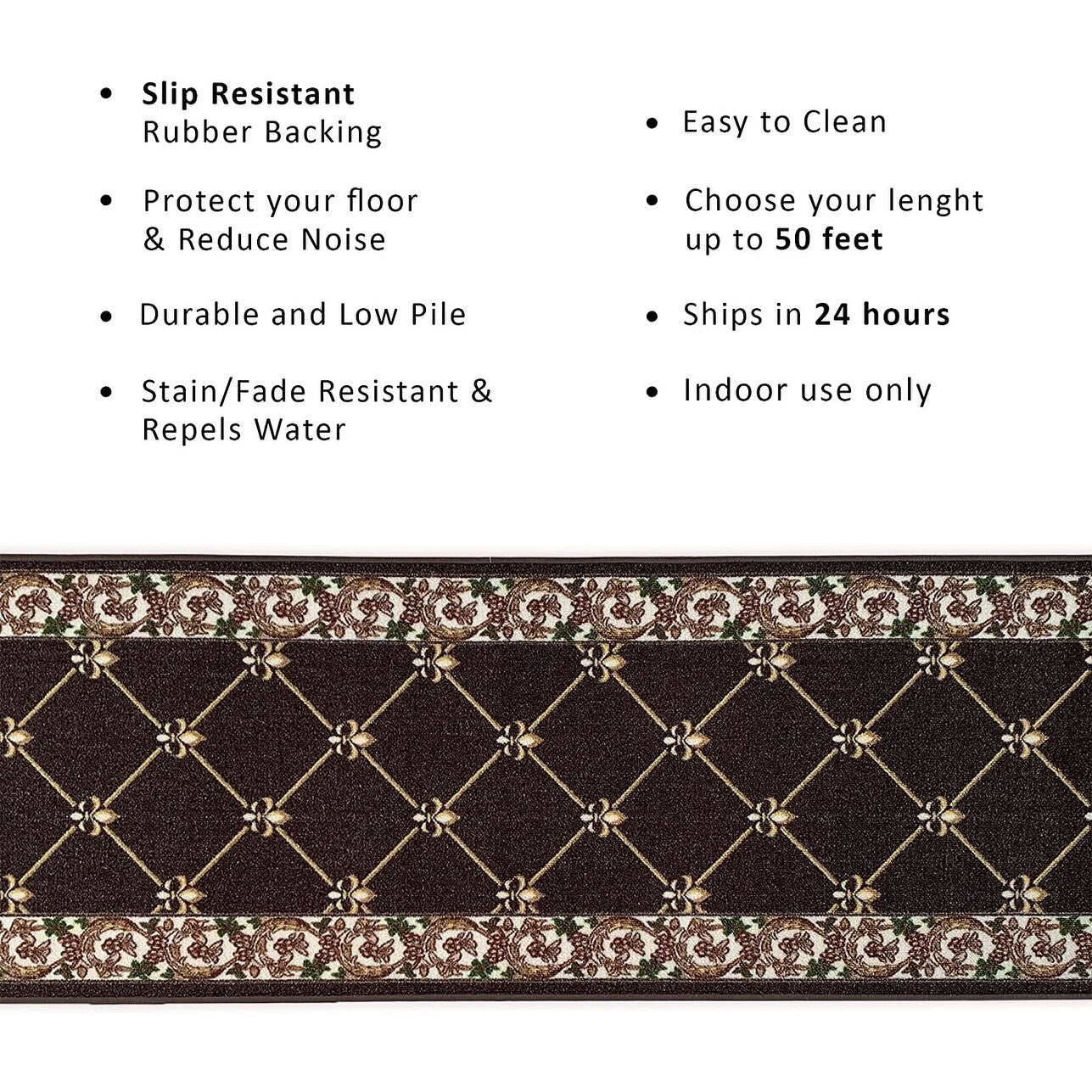 Tapis d'escalier antidérapant Fleur de Lys sur mesure de 66 cm de large