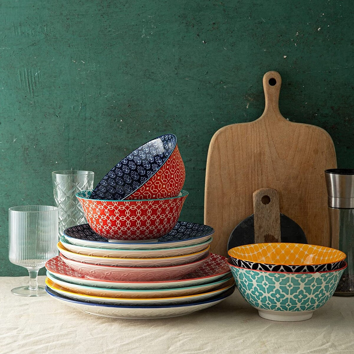 Ensemble d'assiettes et de bols en céramique DOWAN, service de table 12 pièces pour décoration de Noël, service de vaisselle coloré pour 4 personnes